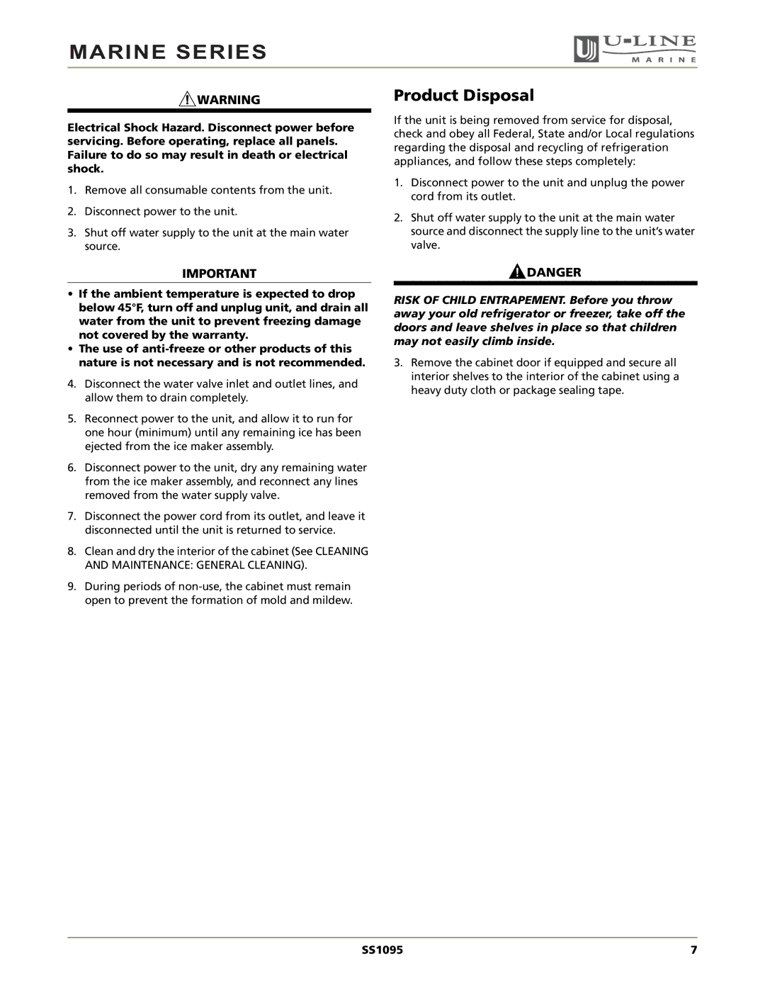 U-Line SS1095 manual Product Disposal 