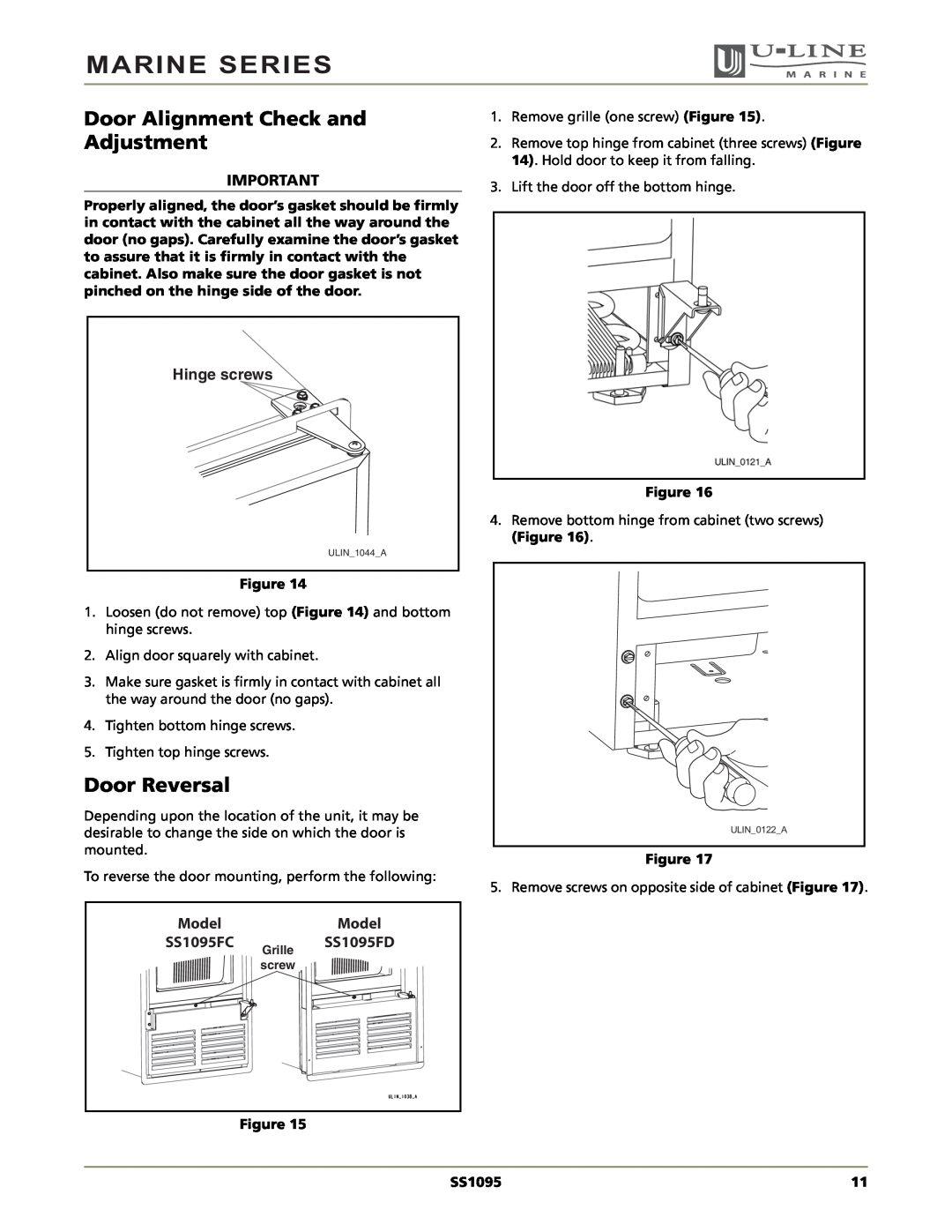 U-Line manual Door Alignment Check and Adjustment, Door Reversal, Marine Series, Hinge screws, Model, SS1095FC, SS1095FD 