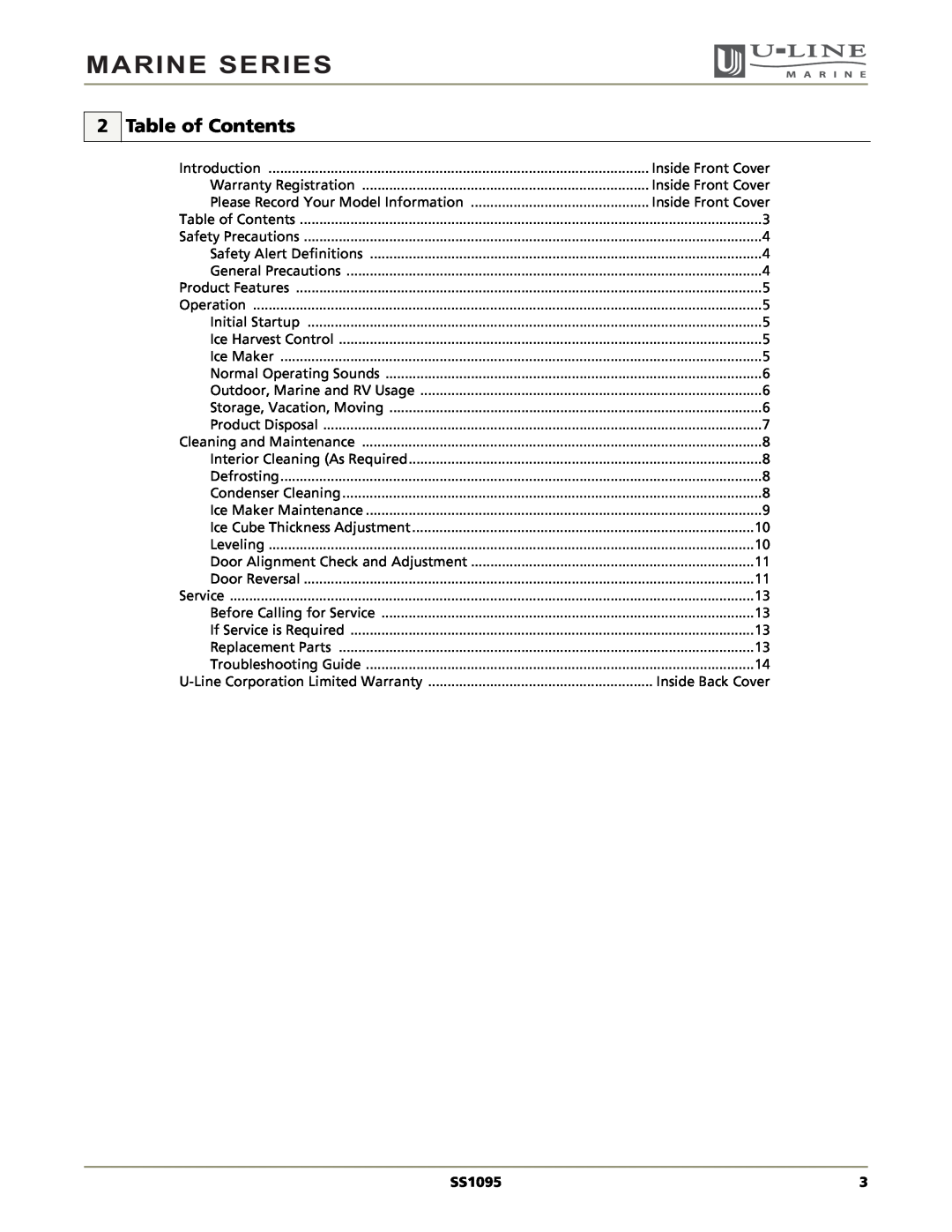 U-Line SS1095 manual Table of Contents, Marine Series 