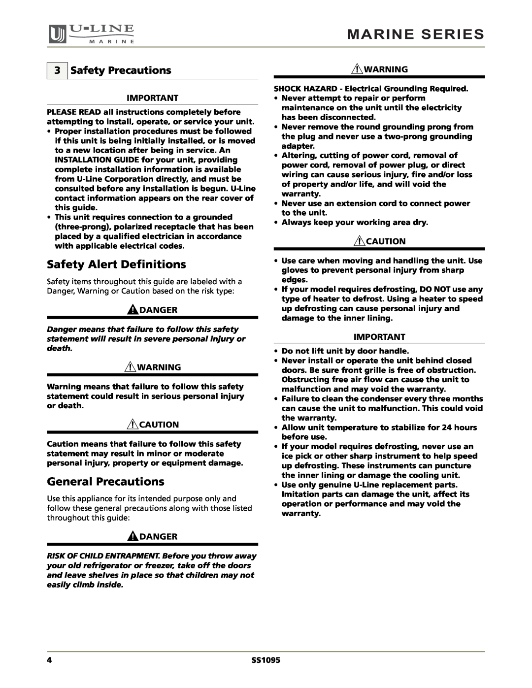 U-Line SS1095 manual Safety Alert Definitions, General Precautions, Safety Precautions, Marine Series, Danger 