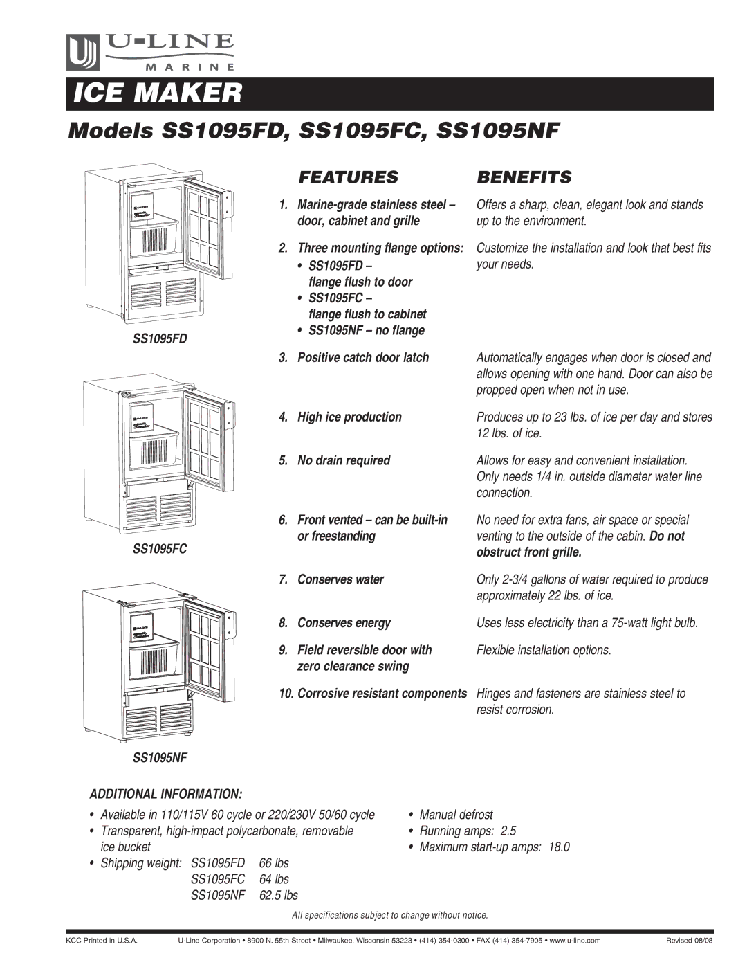 U-Line specifications ICE Maker, Models SS1095FD, SS1095FC, SS1095NF, Features Benefits, Additional Information 