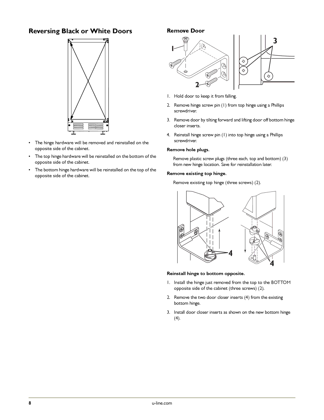 U-Line U-2115RS-02, U-2175RCS-01 Reversing Black or White Doors, Remove Door, Remove hole plugs, Remove existing top hinge 