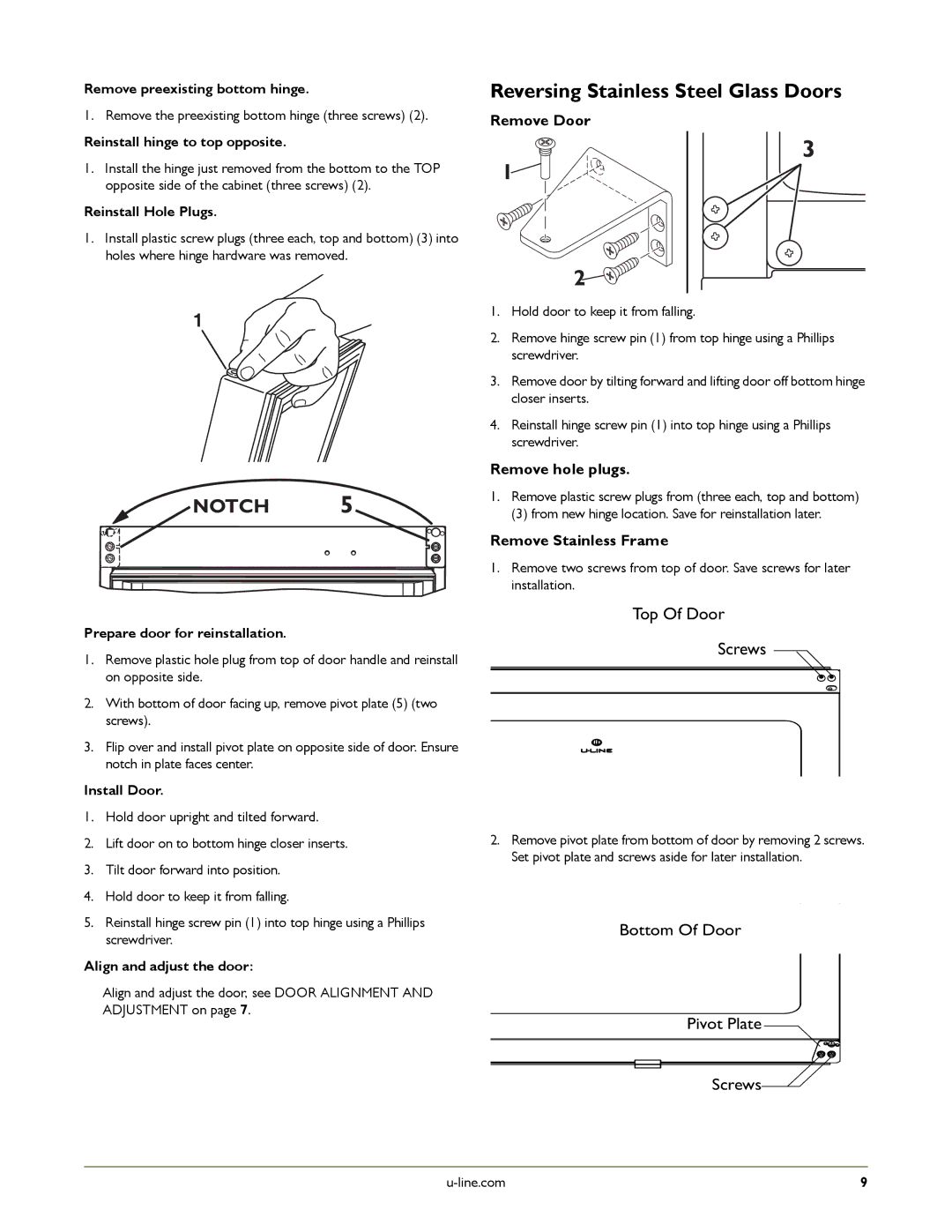 U-Line U-2115RSOD-00, U-2175RCS-01, U-2175RCS-22, U-2175RSOD-00, U-2175RCS-00 manual Reversing Stainless Steel Glass Doors 