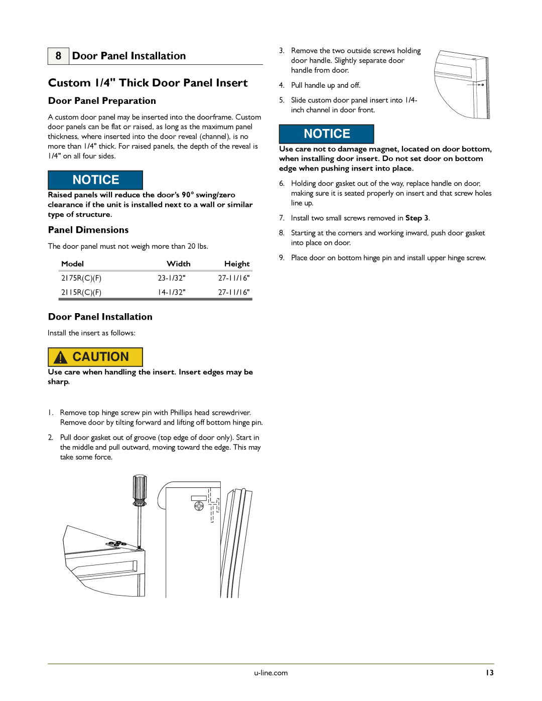 U-Line U-2175RCS-01 Custom 1/4 Thick Door Panel Insert, Door Panel Installation, Door Panel Preparation, Panel Dimensions 