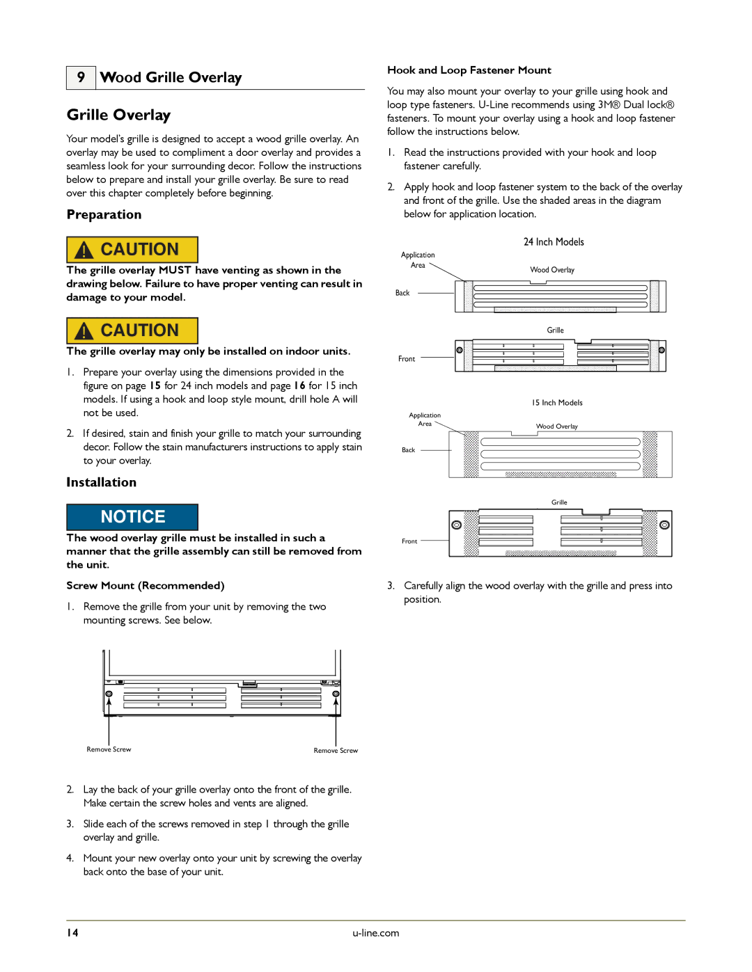 U-Line U-2175RCS-22, U-2175RCS-01 manual Wood Grille Overlay, Preparation, Installation, Hook and Loop Fastener Mount 