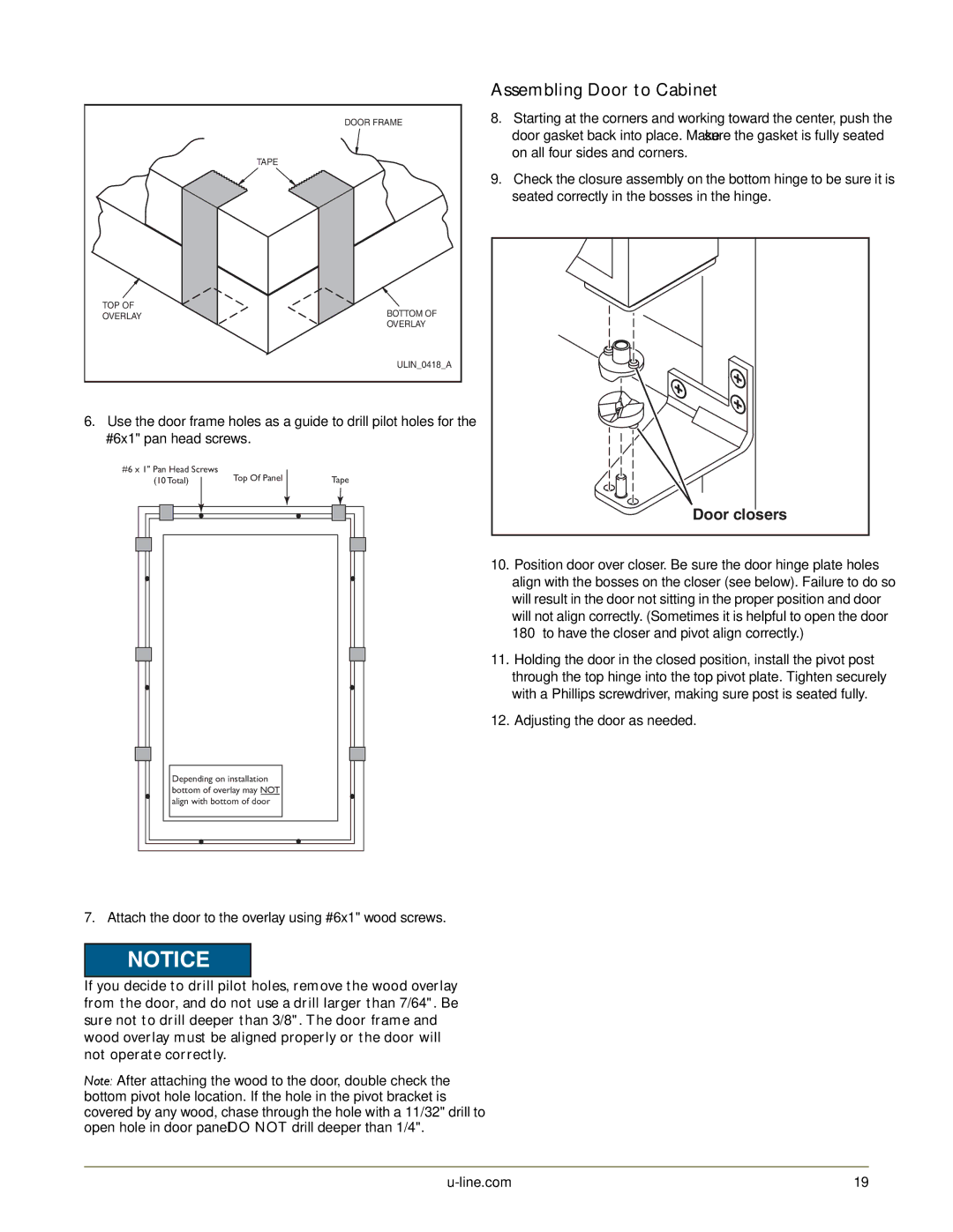 U-Line U-2115RW-00, U-2175RCS-01, U-2175RCS-22, U-2175RSOD-00, U-2175RCS-00 manual Assembling Door to Cabinet, Door closers 