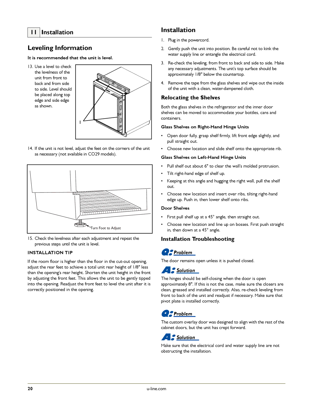 U-Line U-2115RS-01, U-2175RCS-01 manual Leveling Information, Relocating the Shelves, Installation Troubleshooting 