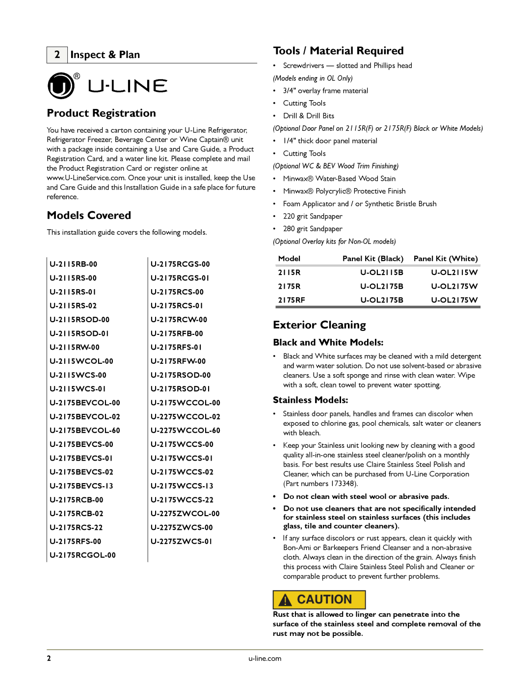 U-Line U-2175RSOD-01 Product Registration Models Covered, Tools / Material Required, Exterior Cleaning, Inspect & Plan 