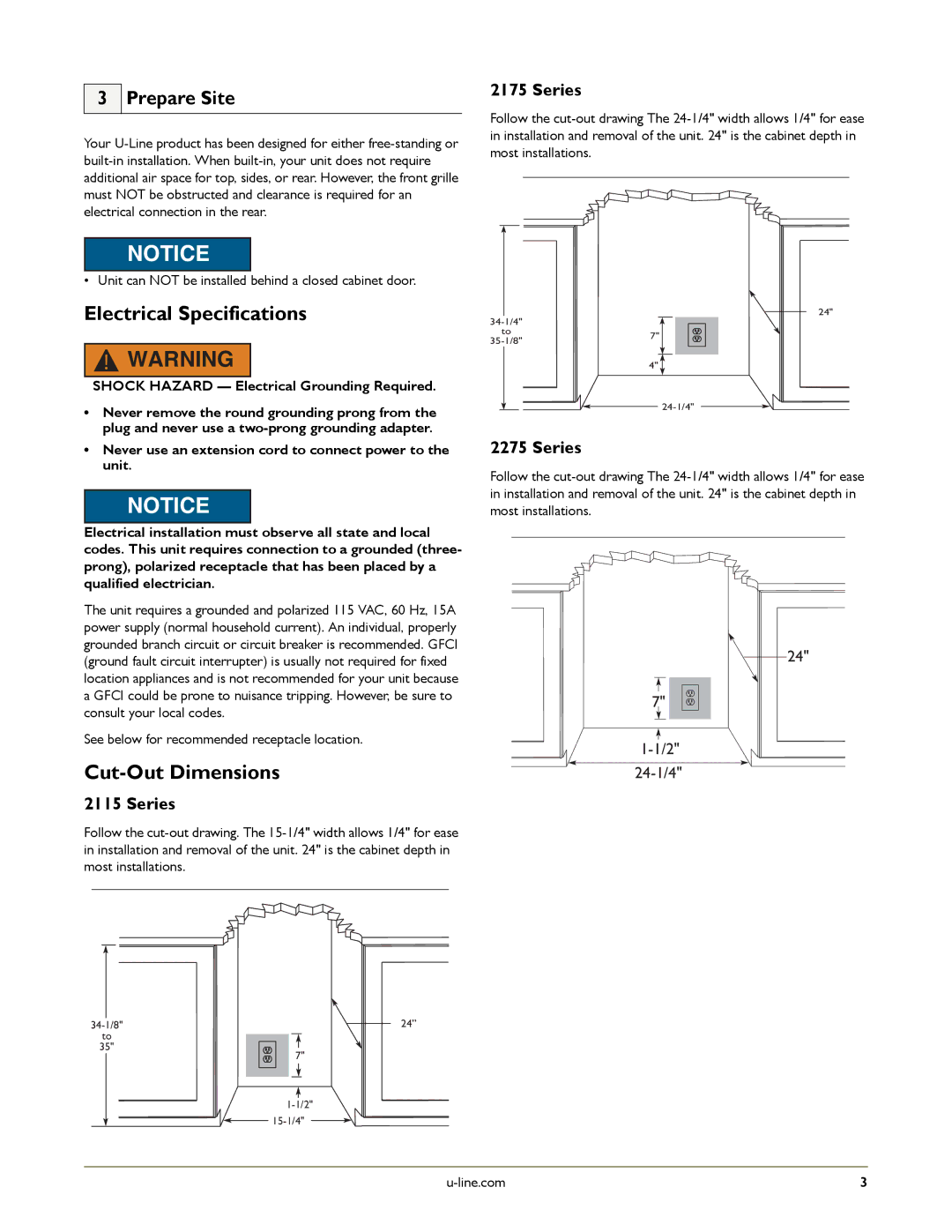 U-Line U-2175RCB-02, U-2175RCS-01, U-2175RCS-22 manual Electrical Specifications, Cut-Out Dimensions, Prepare Site, Series 