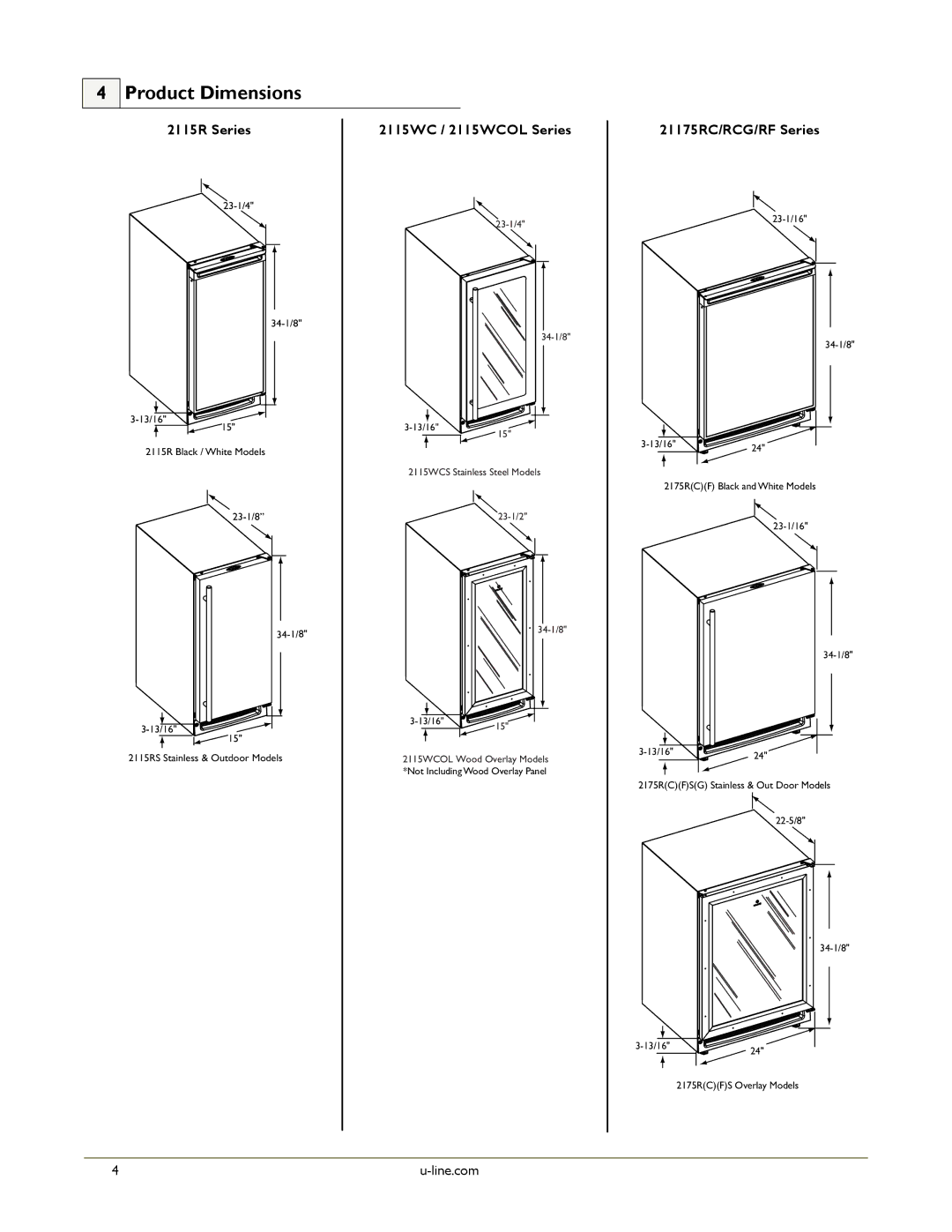 U-Line U-2115RW-00, U-2175RCS-01 manual Product Dimensions, 2115R Series 2115WC / 2115WCOL Series 21175RC/RCG/RF Series 