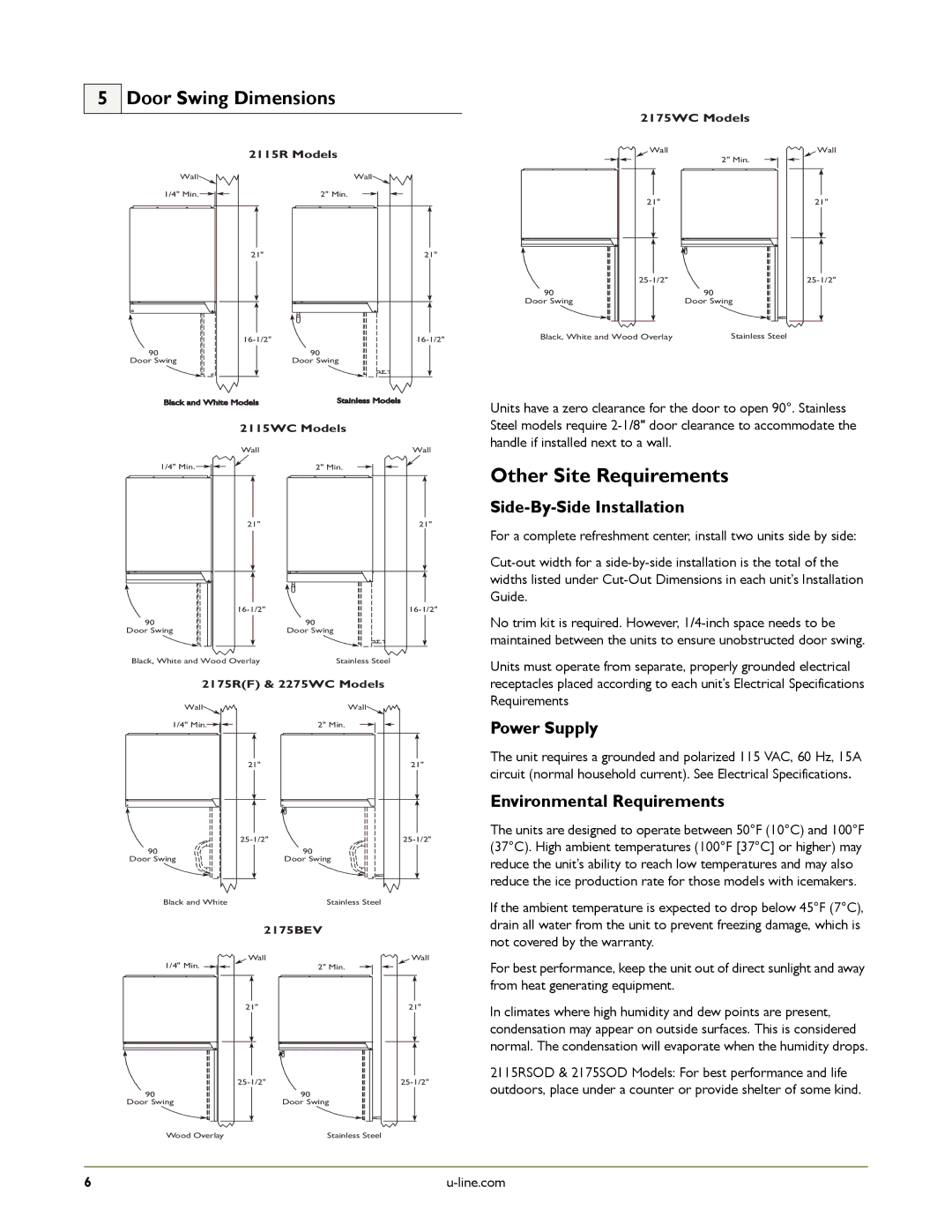 U-Line U-2175RCW-00, U-2175RCS-01 Other Site Requirements, Door Swing Dimensions, Side-By-Side Installation, Power Supply 