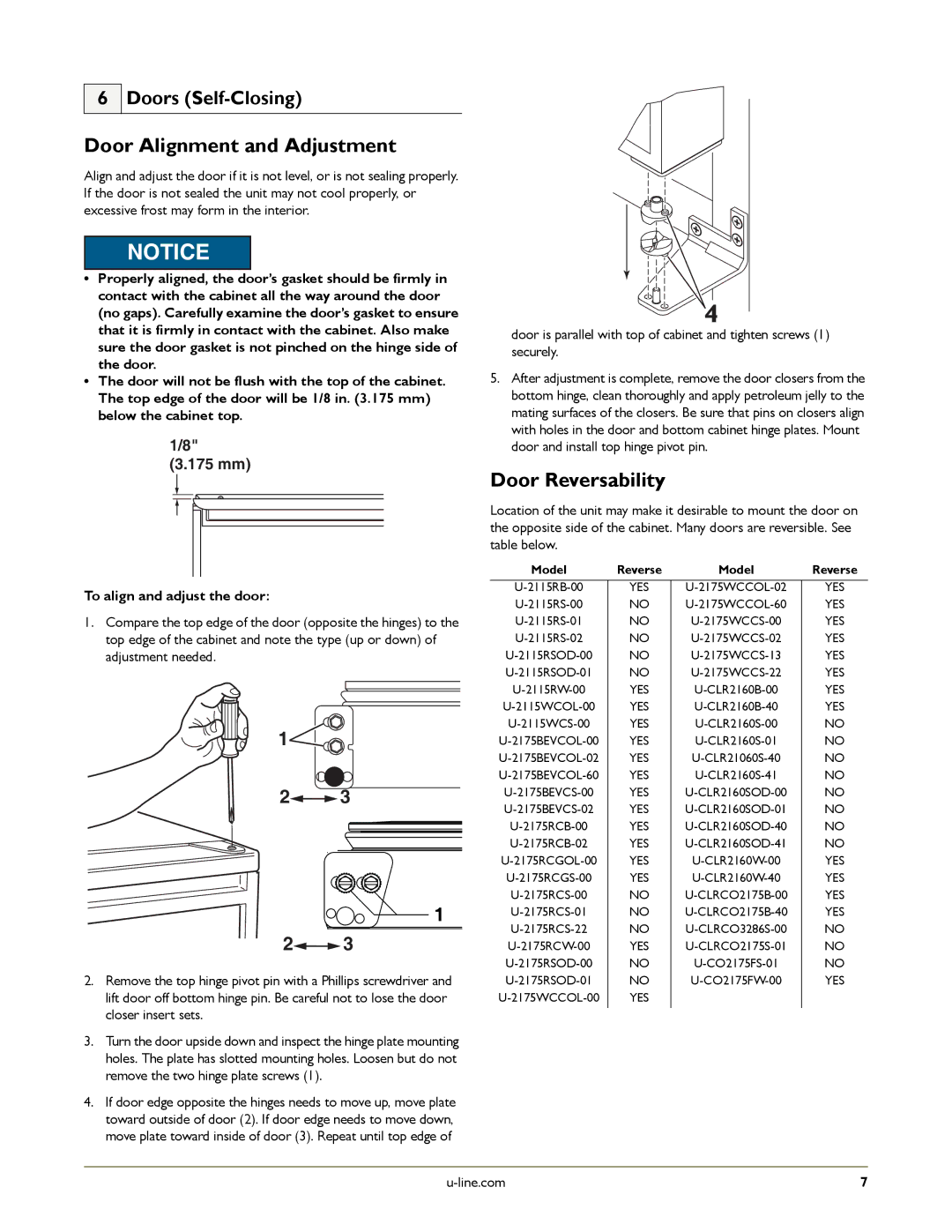 U-Line U-2175RCB-00 Door Alignment and Adjustment, Door Reversability, Doors Self-Closing, To align and adjust the door 