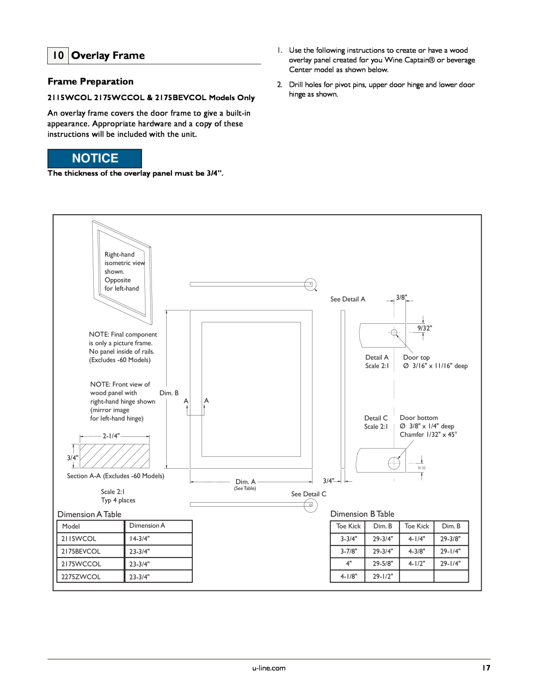 U-Line U-2175RSOD-01 manual Overlay Frame, Frame Preparation, Dimension ATable, 2115WCOL 2175WCCOL & 2175BEVCOL Models Only 