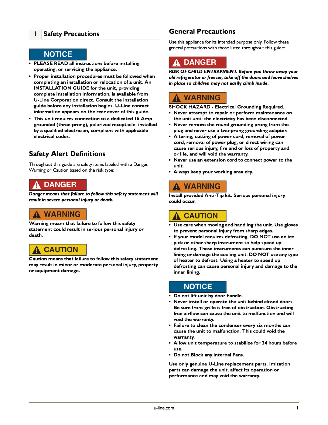 U-Line U-2175RCS-00, U-2175RCS-01, U-2175RCS-22 Safety Alert Definitions, General Precautions, Safety Precautions, Danger 