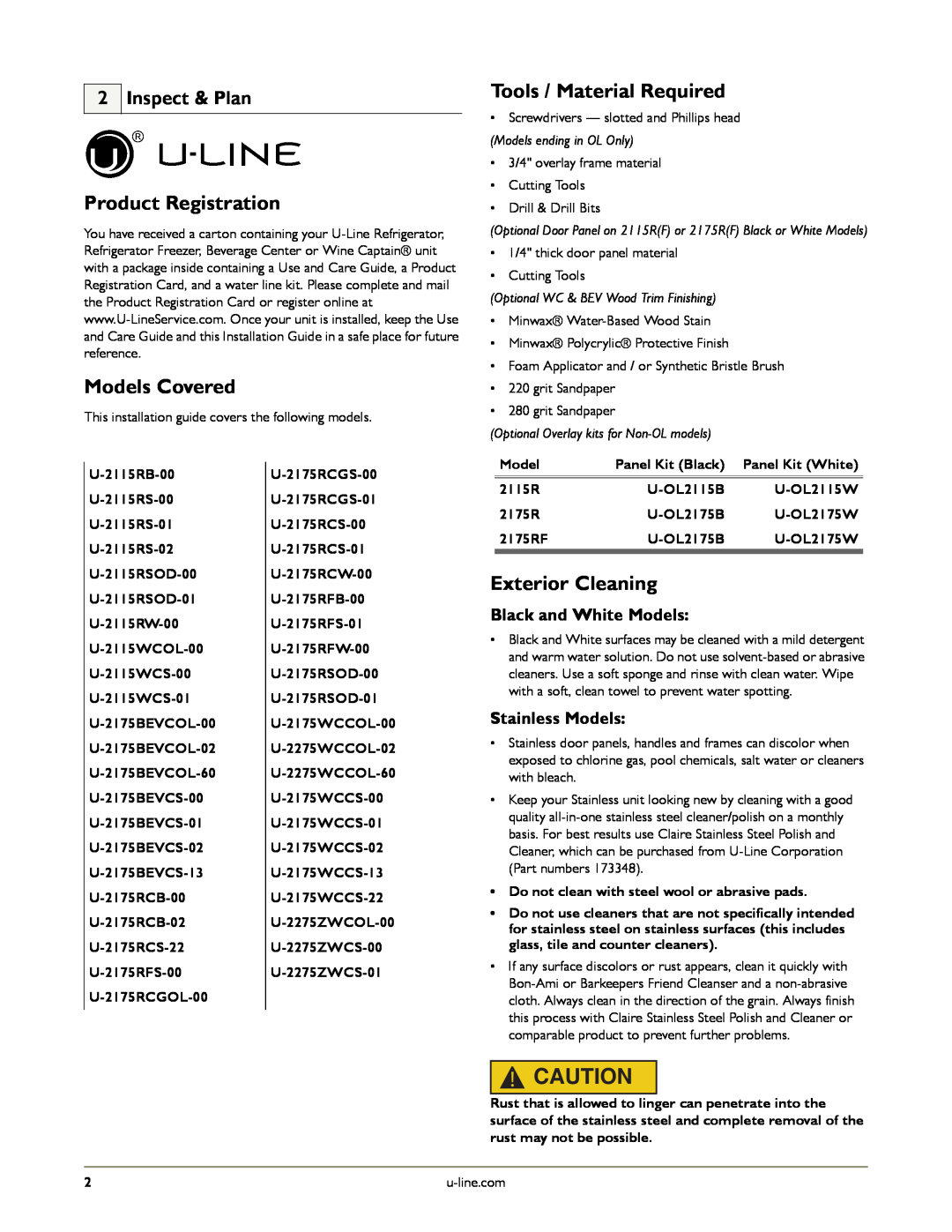 U-Line U-2175RSOD-01 Product Registration, Models Covered, Tools / Material Required, Exterior Cleaning, Inspect & Plan 