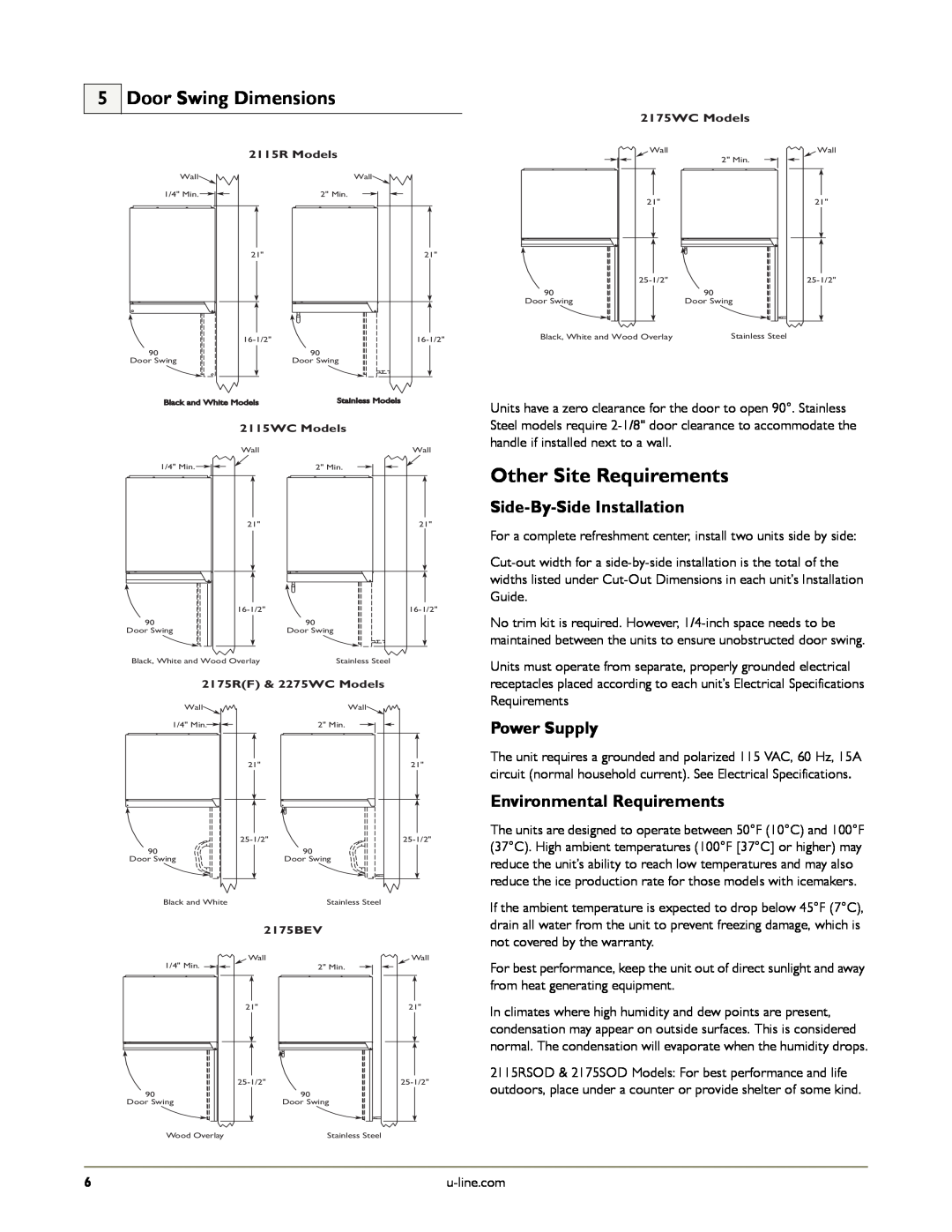 U-Line U-2175RCW-00, U-2175RCS-01 Other Site Requirements, Door Swing Dimensions, Side-By-Side Installation, Power Supply 