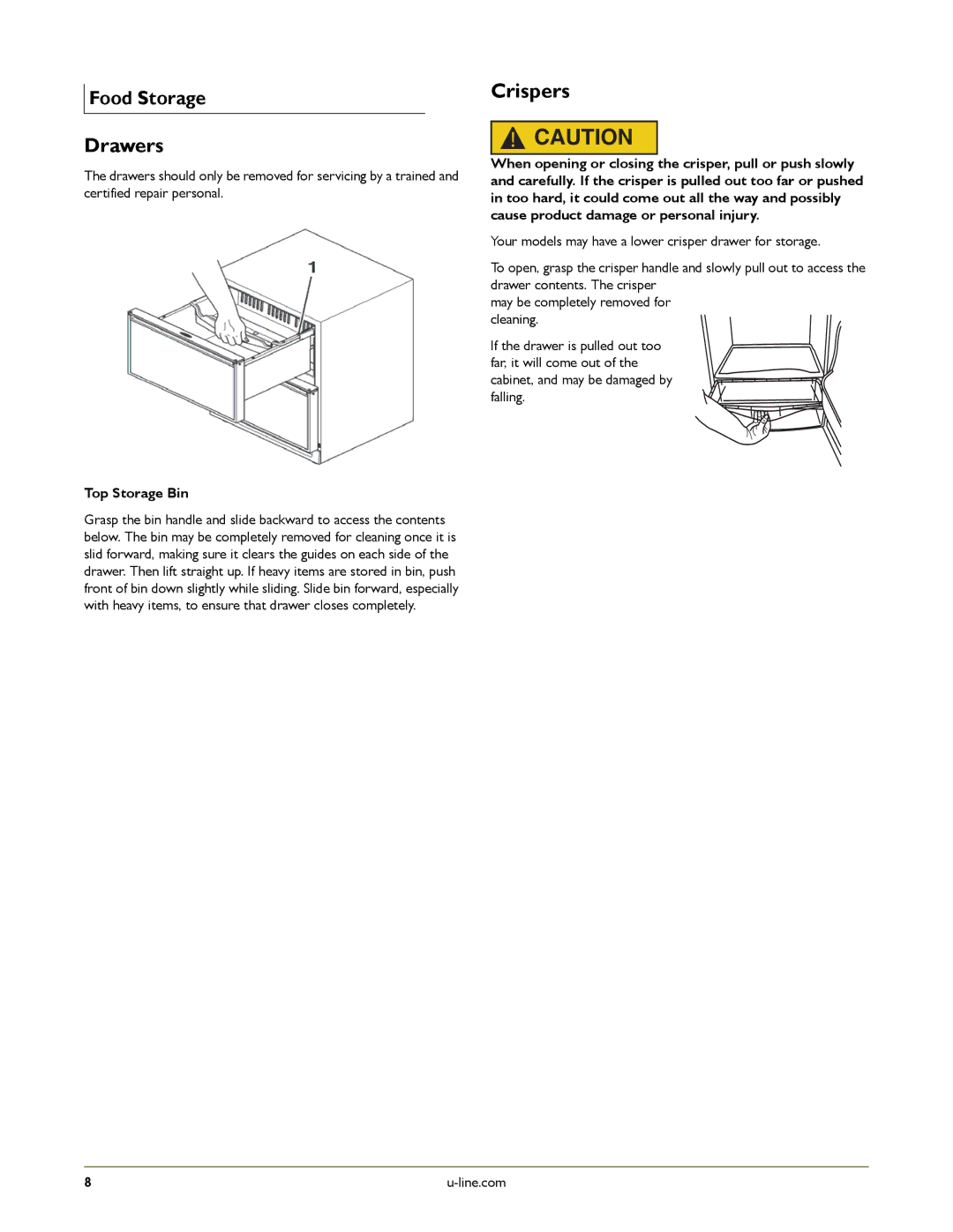 U-Line U-CO29FB-99, U-2175RFS-01, U-2175RFS-00, U-2175RFW-00, U-2175RFB-00, U-CO29WHTP-20 Drawers, Crispers, Top Storage Bin 