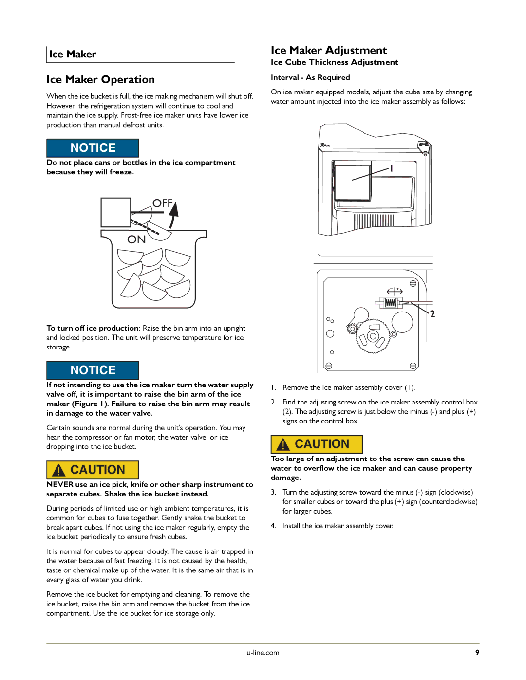 U-Line U-CO29FB-98, U-2175RFS-01, U-2175RFS-00, U-2175RFW-00 Ice Maker Operation, Ice Maker Adjustment, Interval As Required 