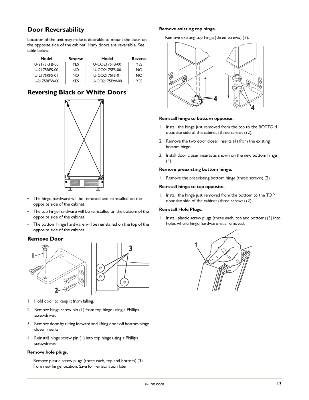 U-Line U-CO2175FW-00, U-2175RFS-01, U-2175RFS-00, U-2175RFW-00, U-CO29B-20 Door Reversability, Reversing Black or White Doors 