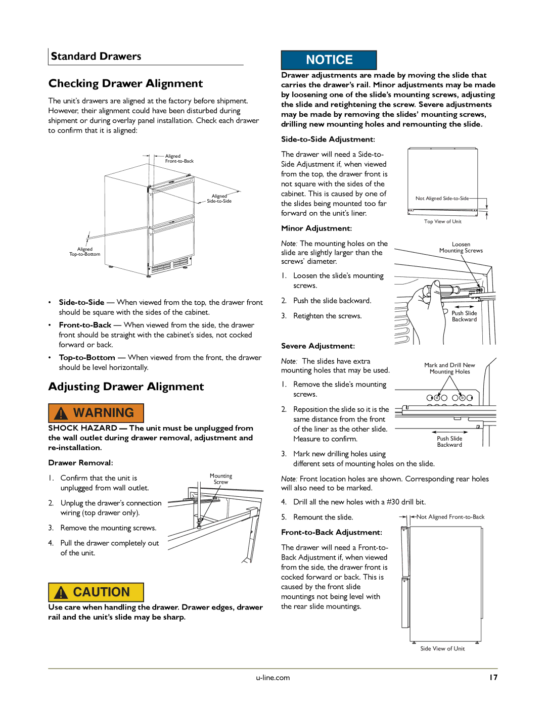 U-Line U-2175RFS-01, U-2175RFS-00, U-2175RFW-00, U-2175RFB-00 manual Checking Drawer Alignment, Adjusting Drawer Alignment 