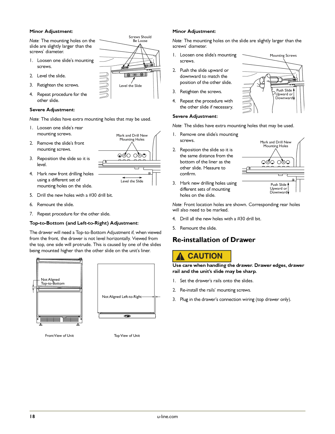 U-Line U-2175RFS-00, U-2175RFS-01, U-2175RFW-00 manual Re-installation of Drawer, Top-to-Bottom and Left-to-Right Adjustment 