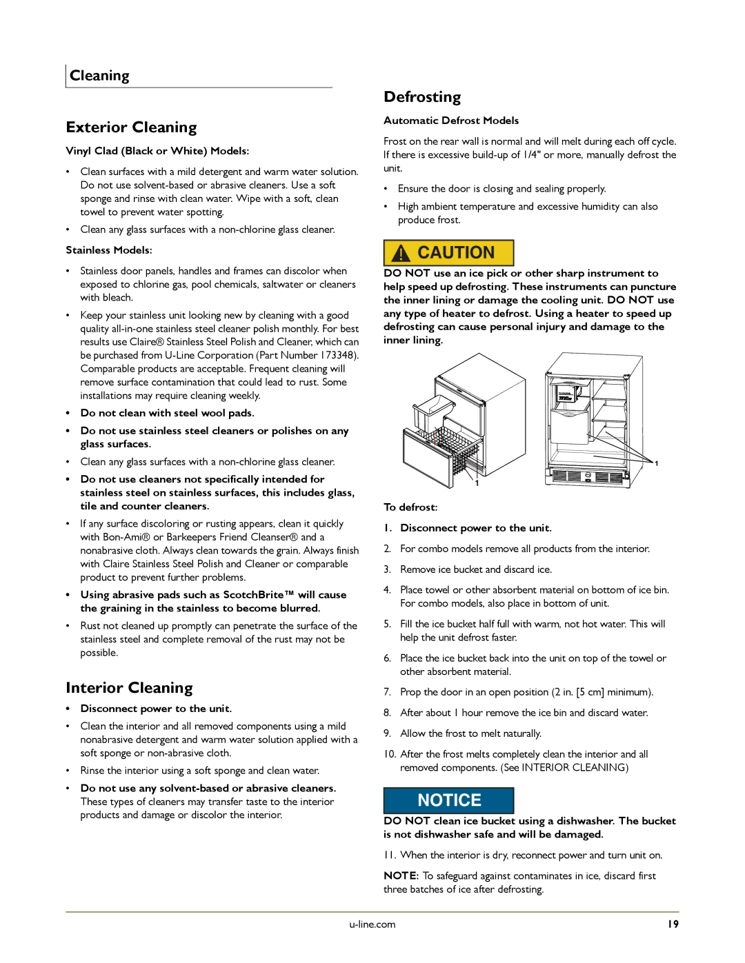 U-Line U-2175RFW-00, U-2175RFS-01, U-2175RFS-00, U-2175RFB-00, U-CO29WHTP-20 Exterior Cleaning, Interior Cleaning, Defrosting 