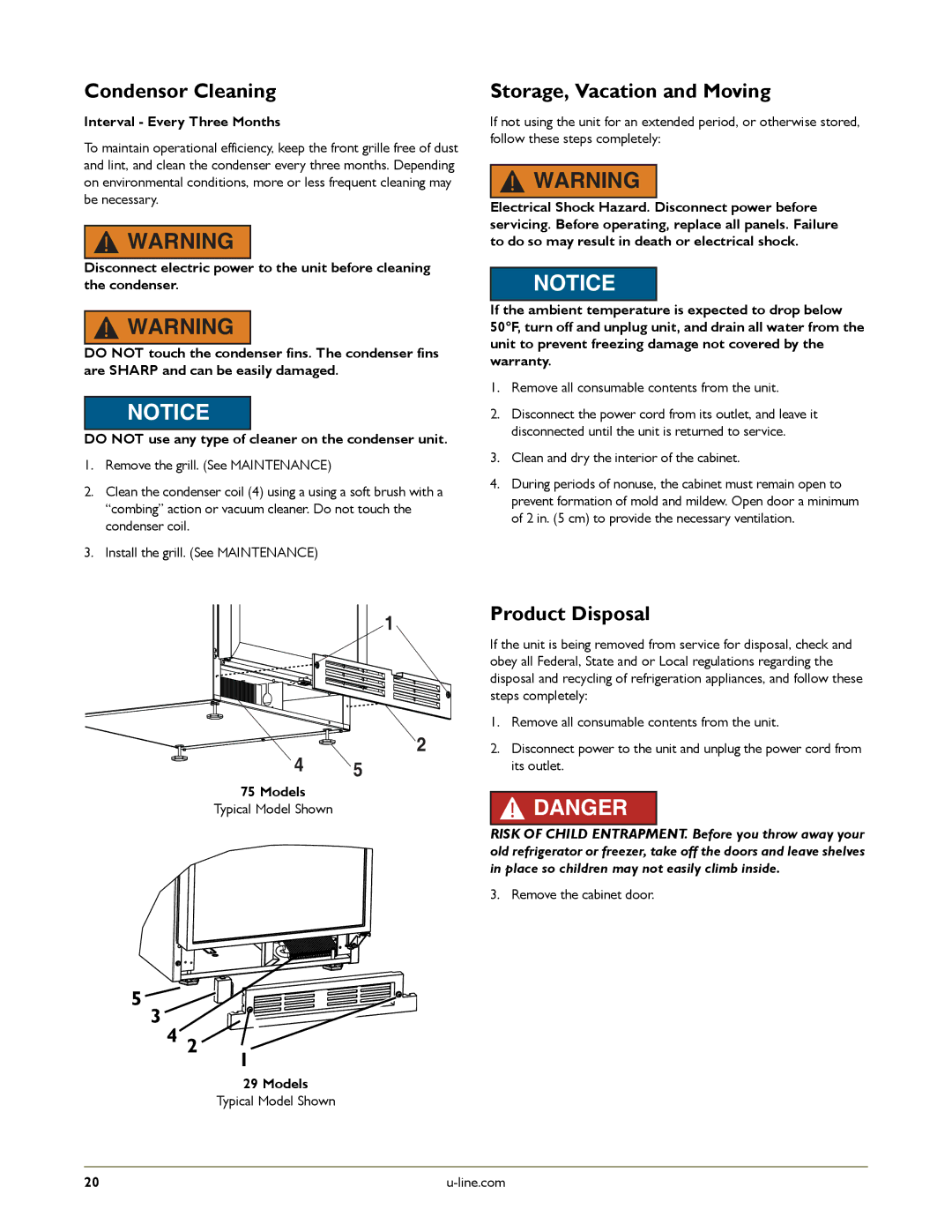 U-Line U-2175RFB-00 manual Condensor Cleaning, Storage, Vacation and Moving, Product Disposal, Interval Every Three Months 