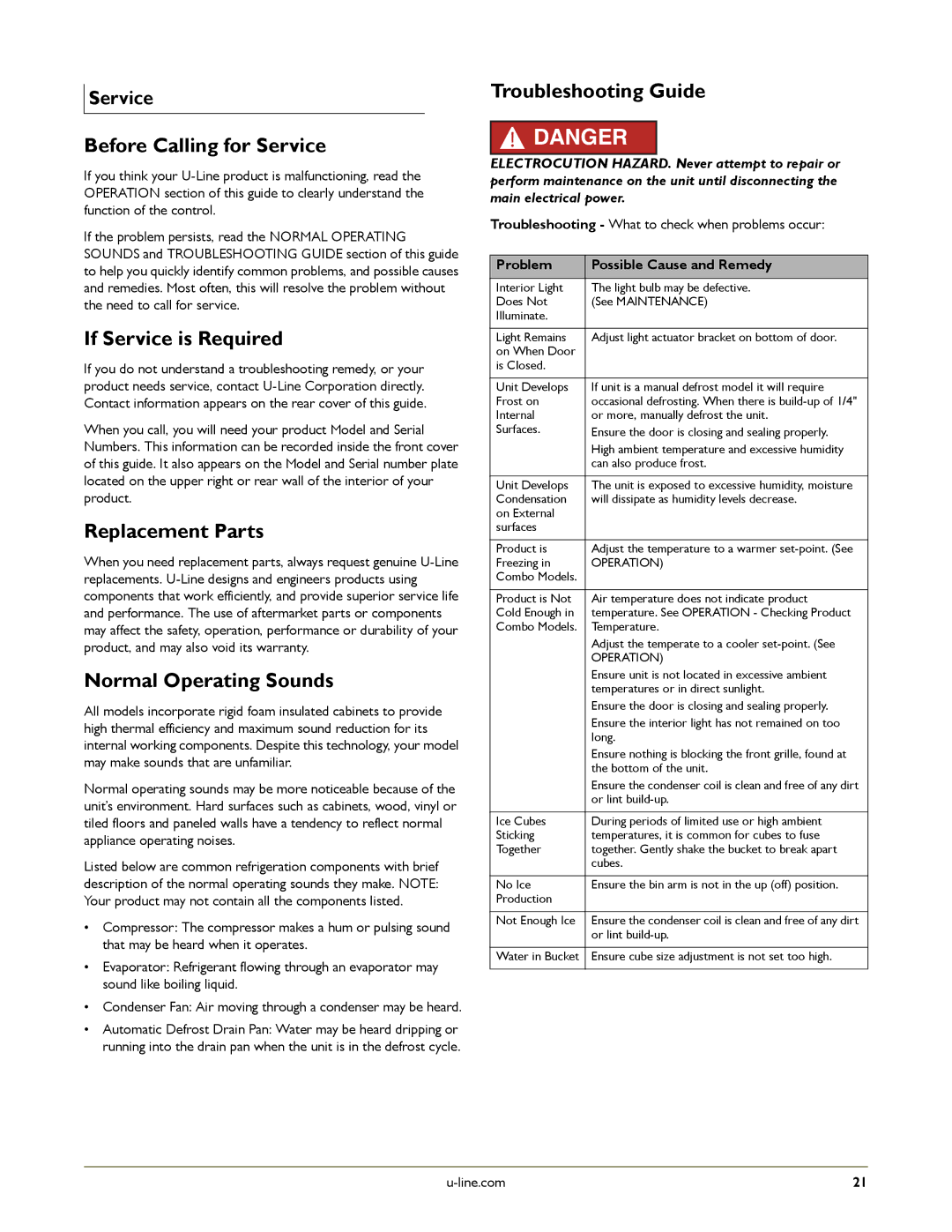 U-Line U-CO29WHTP-20 manual Before Calling for Service, If Service is Required, Replacement Parts, Normal Operating Sounds 