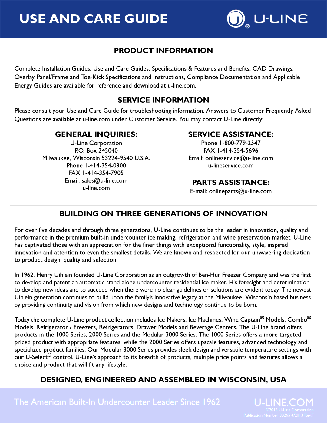 U-Line U-CO29FWH-00, U-2175RFS-01, U-2175RFS-00, U-2175RFW-00 manual DESIGNED, Engineered and Assembled in WISCONSIN, USA 