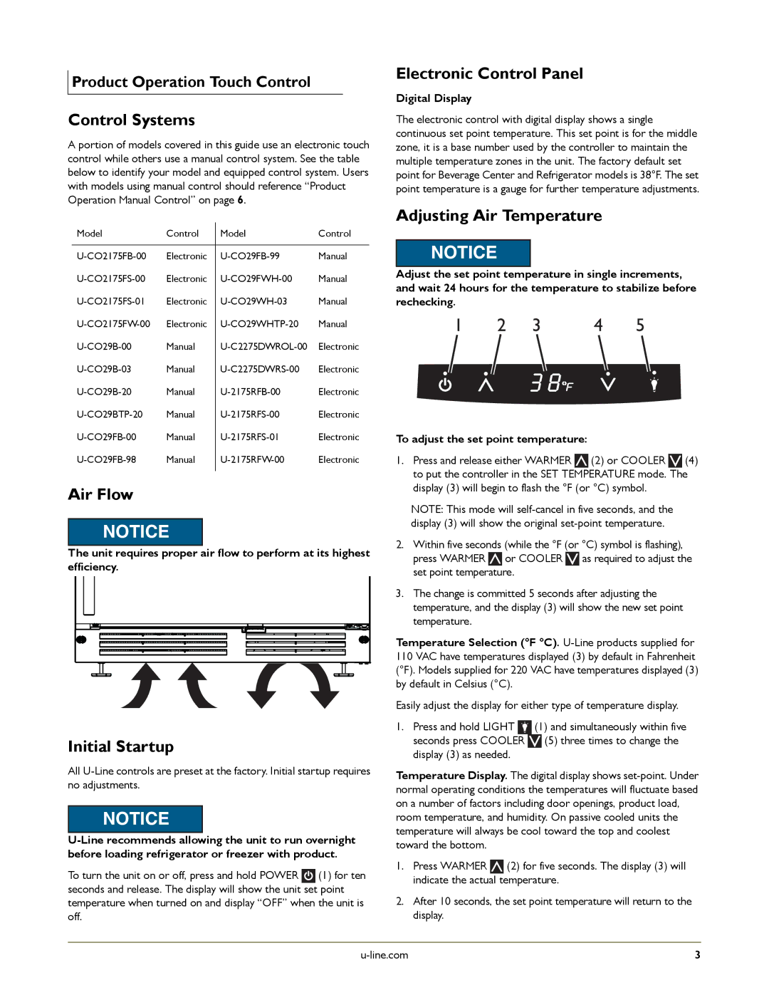 U-Line U-CO29WH-03 manual Control Systems, Air Flow, Initial Startup, Electronic Control Panel, Adjusting Air Temperature 