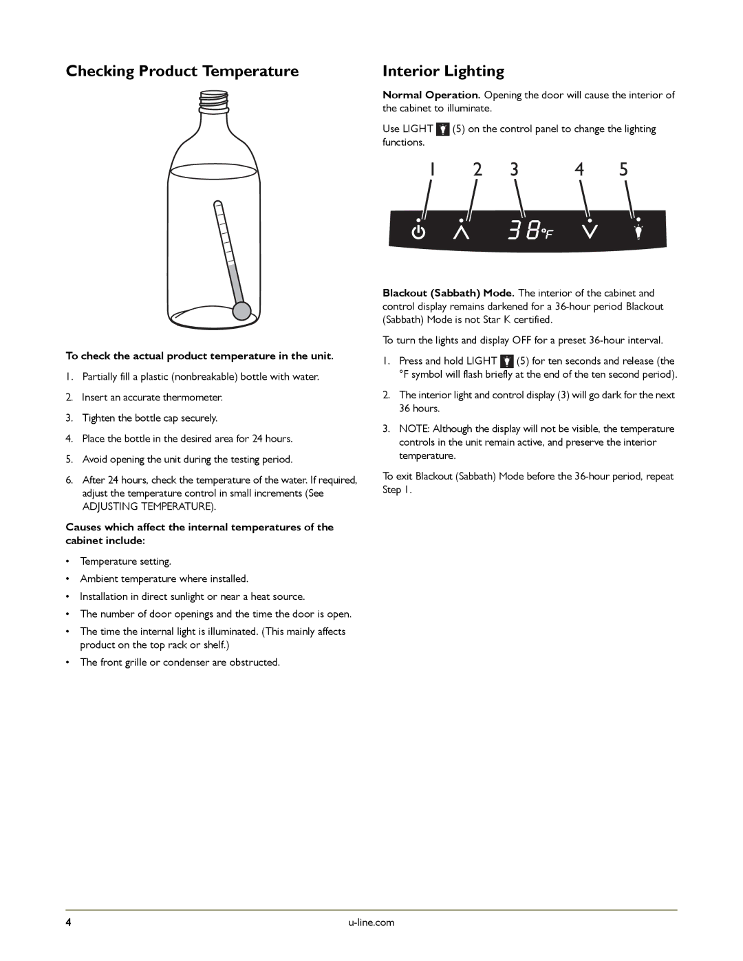 U-Line U-CO29B-20 Checking Product Temperature, Interior Lighting, To check the actual product temperature in the unit 