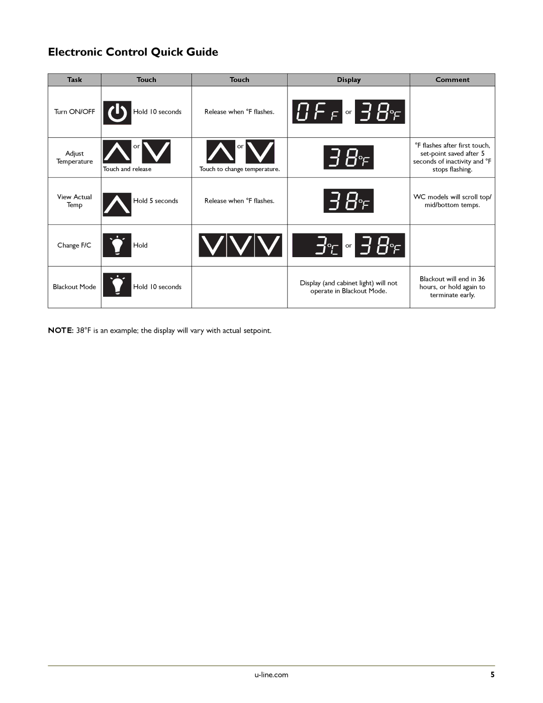 U-Line U-CO29B-00, U-2175RFS-01, U-2175RFS-00, U-2175RFW-00, U-2175RFB-00, U-CO29WHTP-20 Electronic Control Quick Guide, Touch 