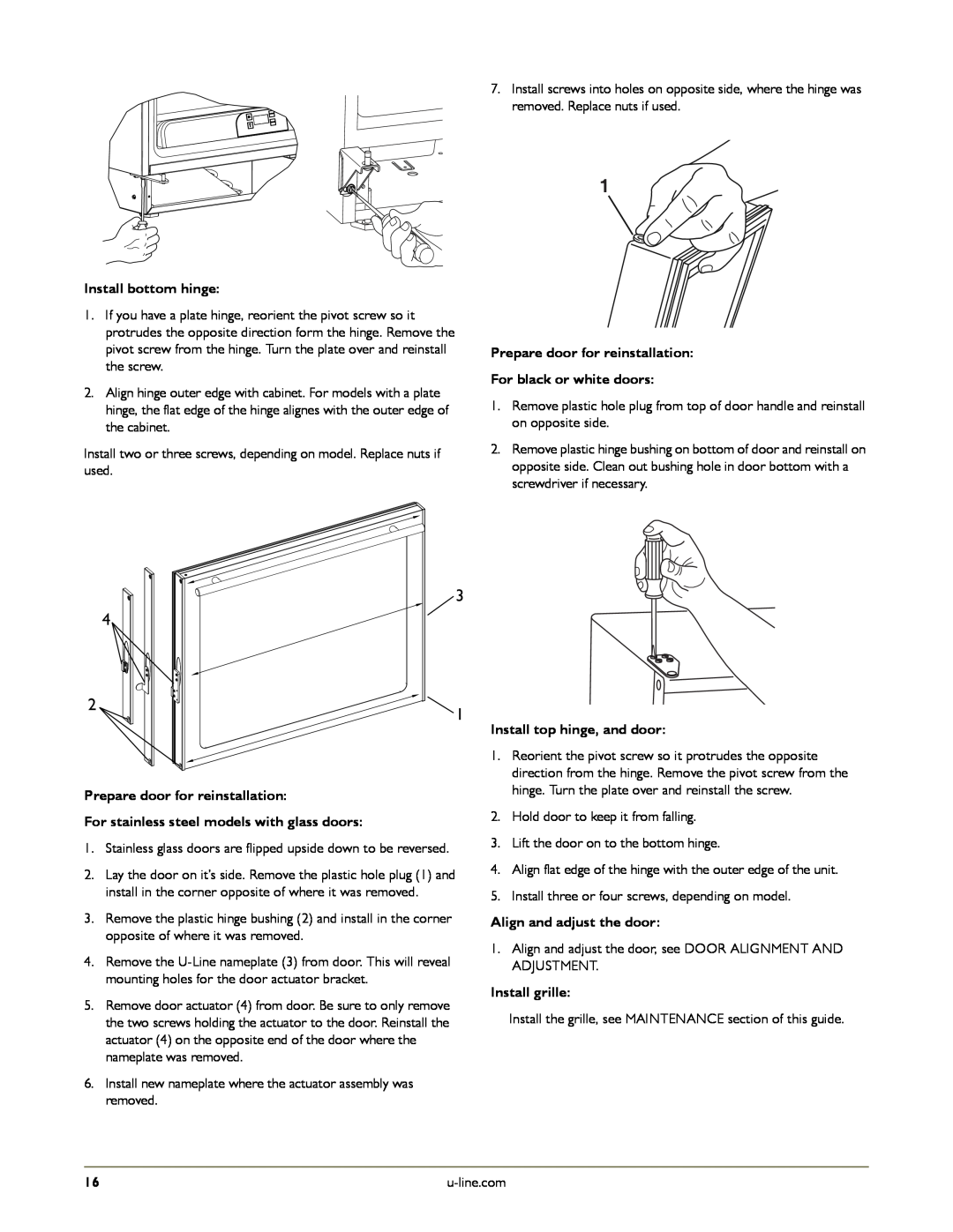 U-Line U-CO29FB-00 manual Install bottom hinge, Prepare door for reinstallation, For black or white doors, Install grille 