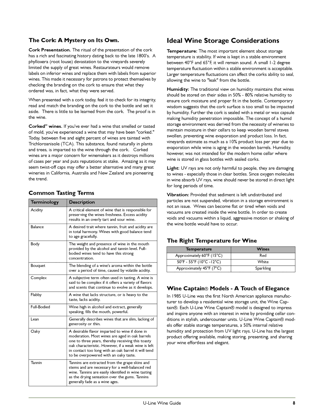 U-Line U-2115WCOL-00, U-2175WCCS-00, U-2175WCCS-22, U-2175WCCS-13 Ideal Wine Storage Considerations, Terminology Description 