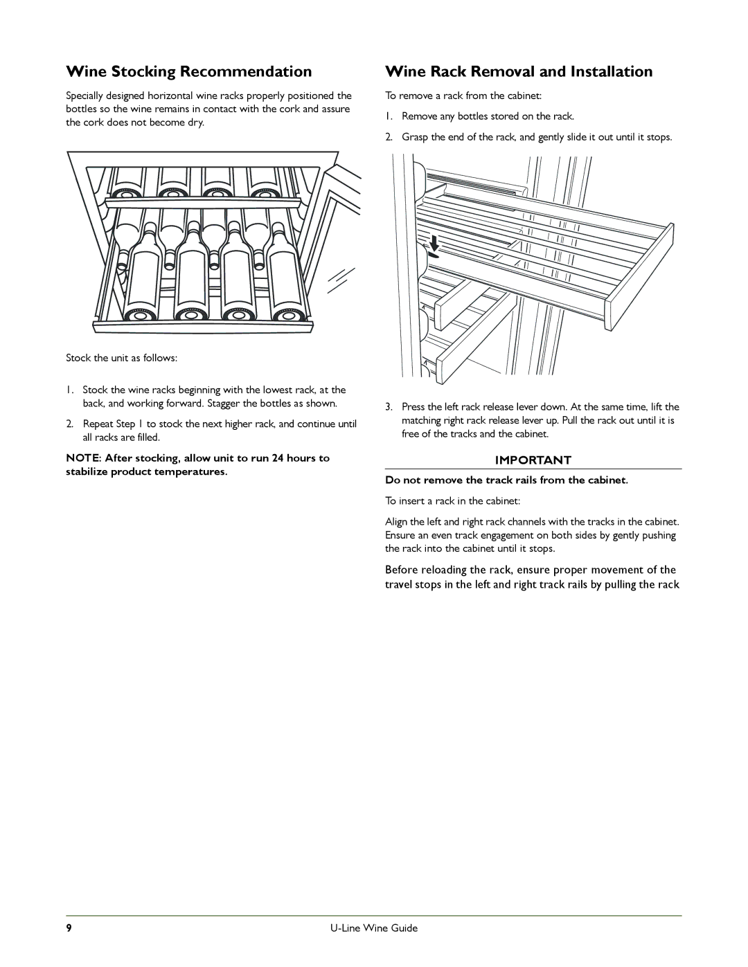 U-Line U-2115WCS-00, U-2175WCCS-00, U-2175WCCS-22 manual Wine Stocking Recommendation, Wine Rack Removal and Installation 