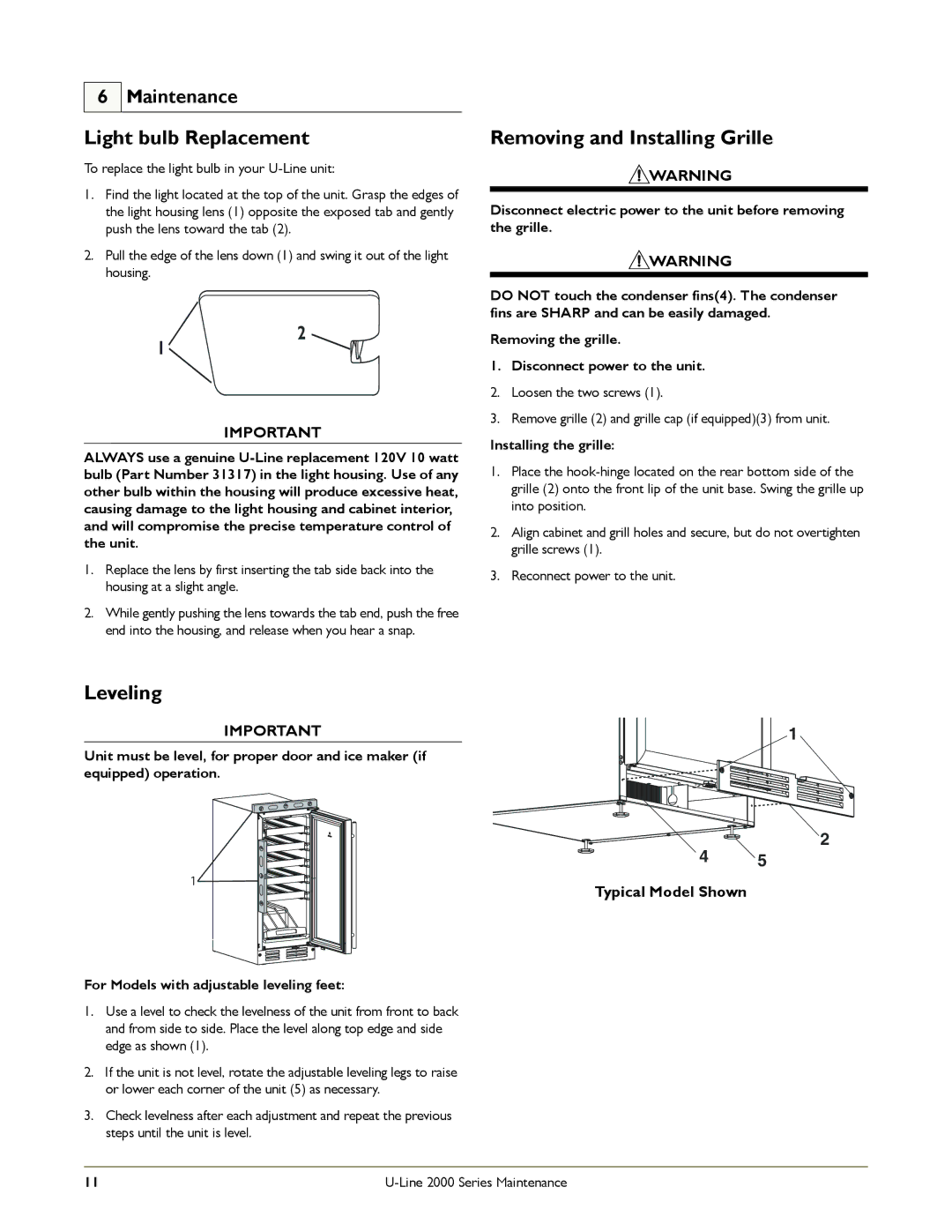 U-Line U-2115RB-00, U-2175WCCS-00 Light bulb Replacement, Removing and Installing Grille, Leveling, Installing the grille 