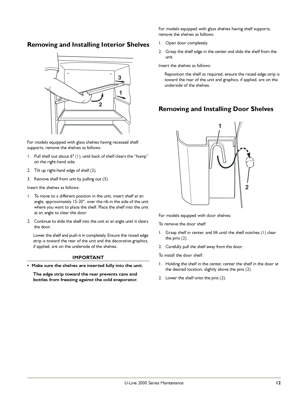 U-Line U-2175WCCS-00, U-2175WCCS-22 manual Removing and Installing Interior Shelves, Removing and Installing Door Shelves 