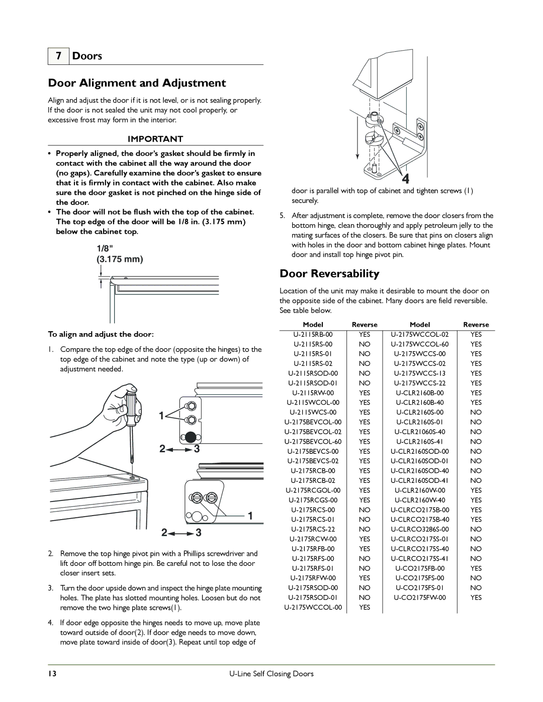 U-Line U-2175WCCS-22, U-2175WCCS-00 manual Door Alignment and Adjustment, Door Reversability, To align and adjust the door 