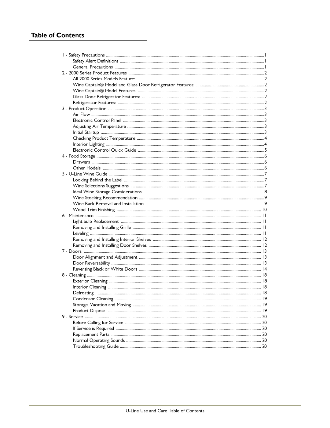 U-Line U-2175WCCOL-02, U-2175WCCS-00, U-2175WCCS-22, U-2175WCCOL-60, U-2175BEVCS-00, U-2175WCCS-13 manual Table of Contents 