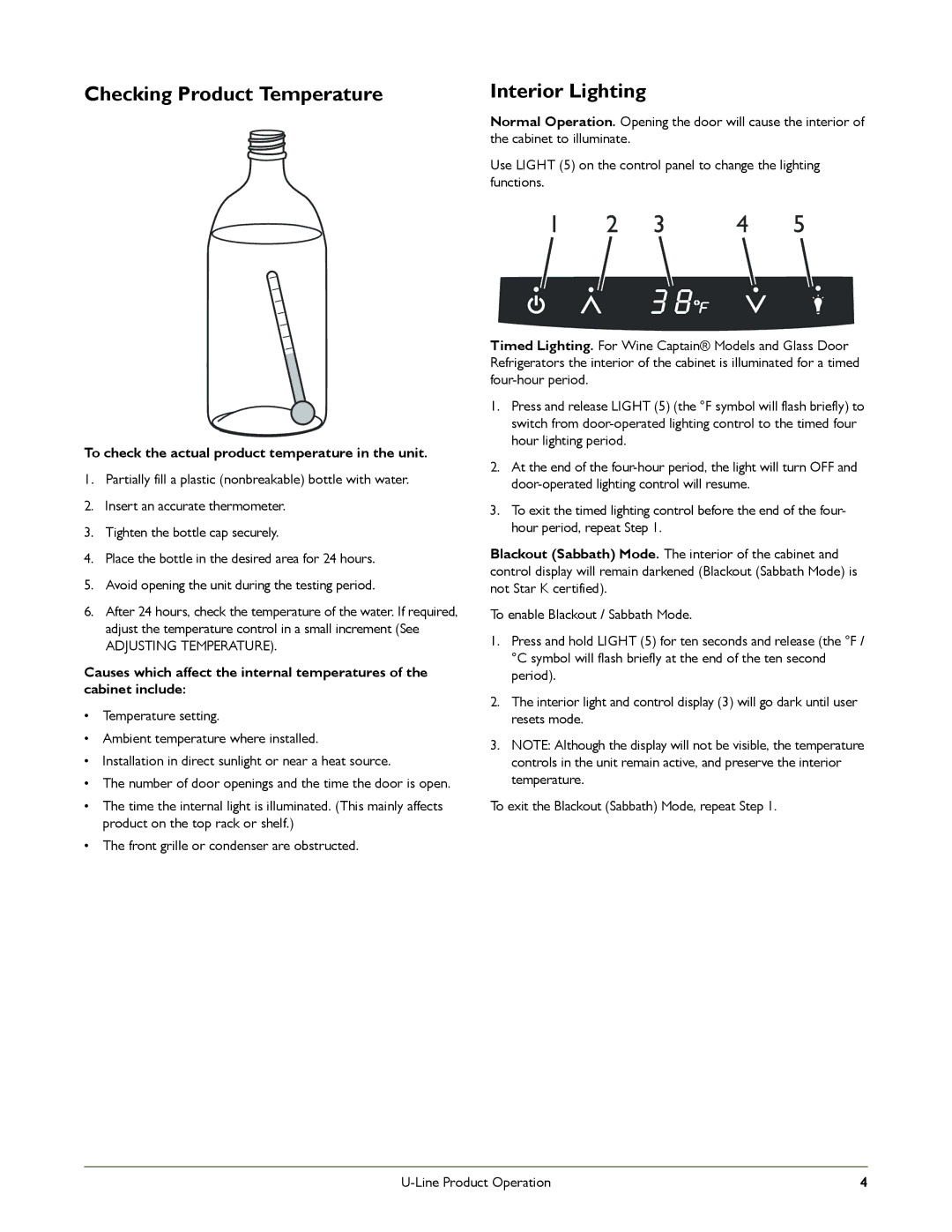U-Line U-2175WCCS-02 Checking Product Temperature, Interior Lighting, To check the actual product temperature in the unit 