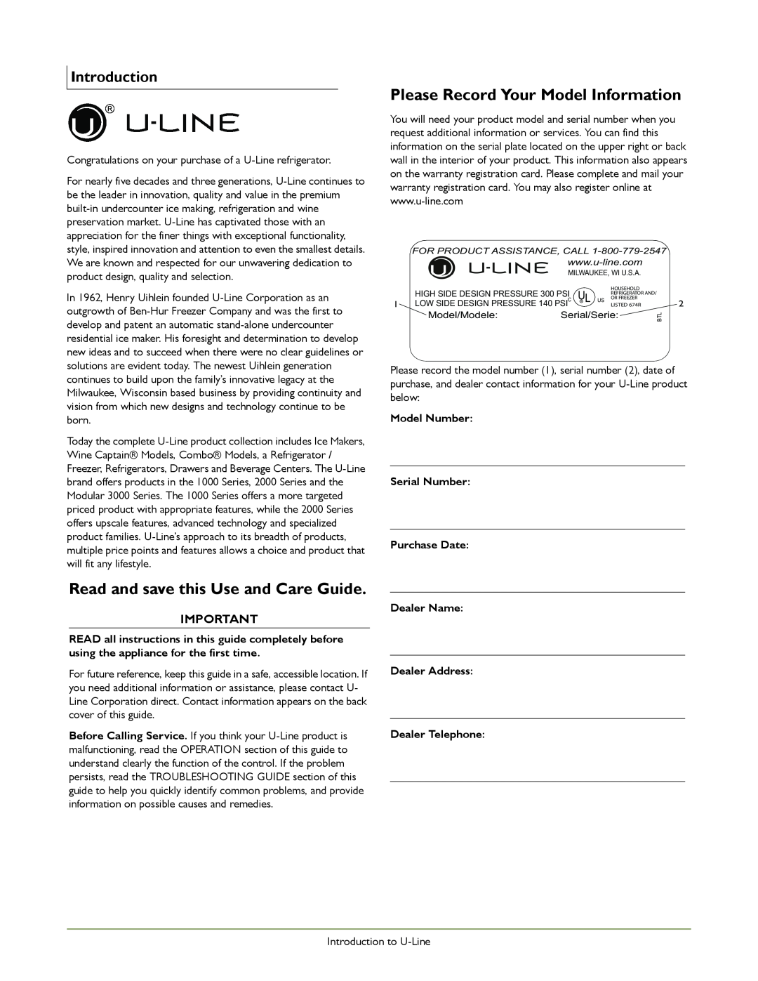 U-Line U-2175WCCOL-60 manual Read and save this Use and Care Guide, Please Record Your Model Information, Introduction 