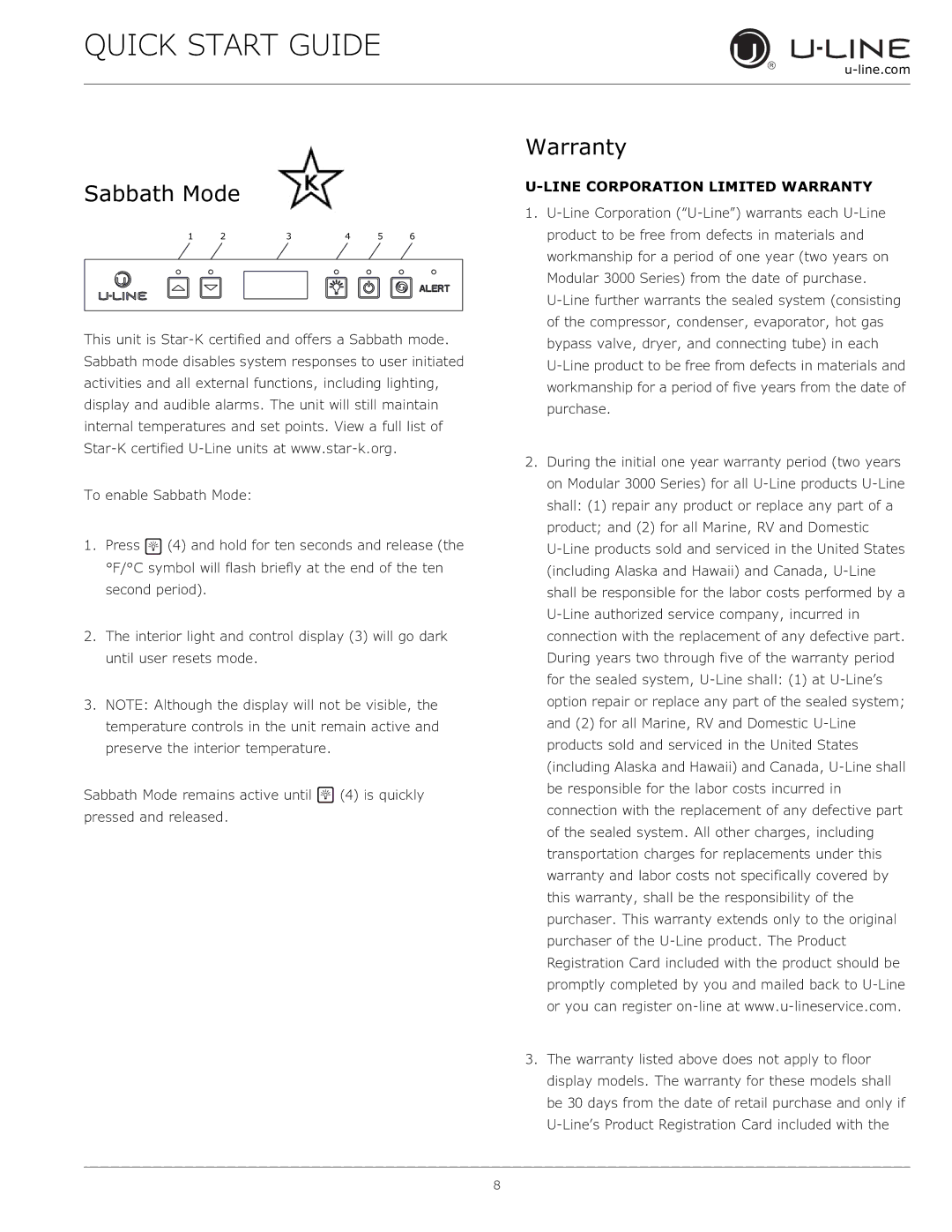 U-Line U-2224ZWCS-13A, U-2224ZWCINT-60A, U-2224ZWCINT-00A, U-2218WCS-00A Sabbath Mode, Line Corporation Limited Warranty 