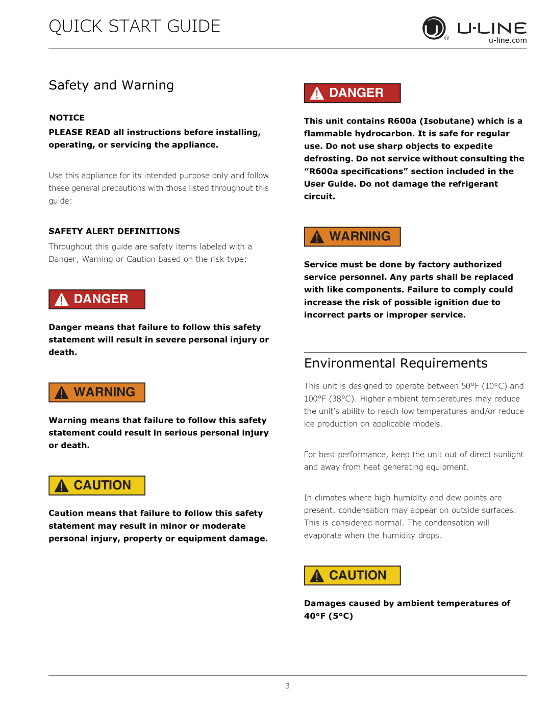 U-Line U-2224ZWCINT-01A, U-2224ZWCINT-60A Safety and Warning, Environmental Requirements, Safety Alert Definitions 