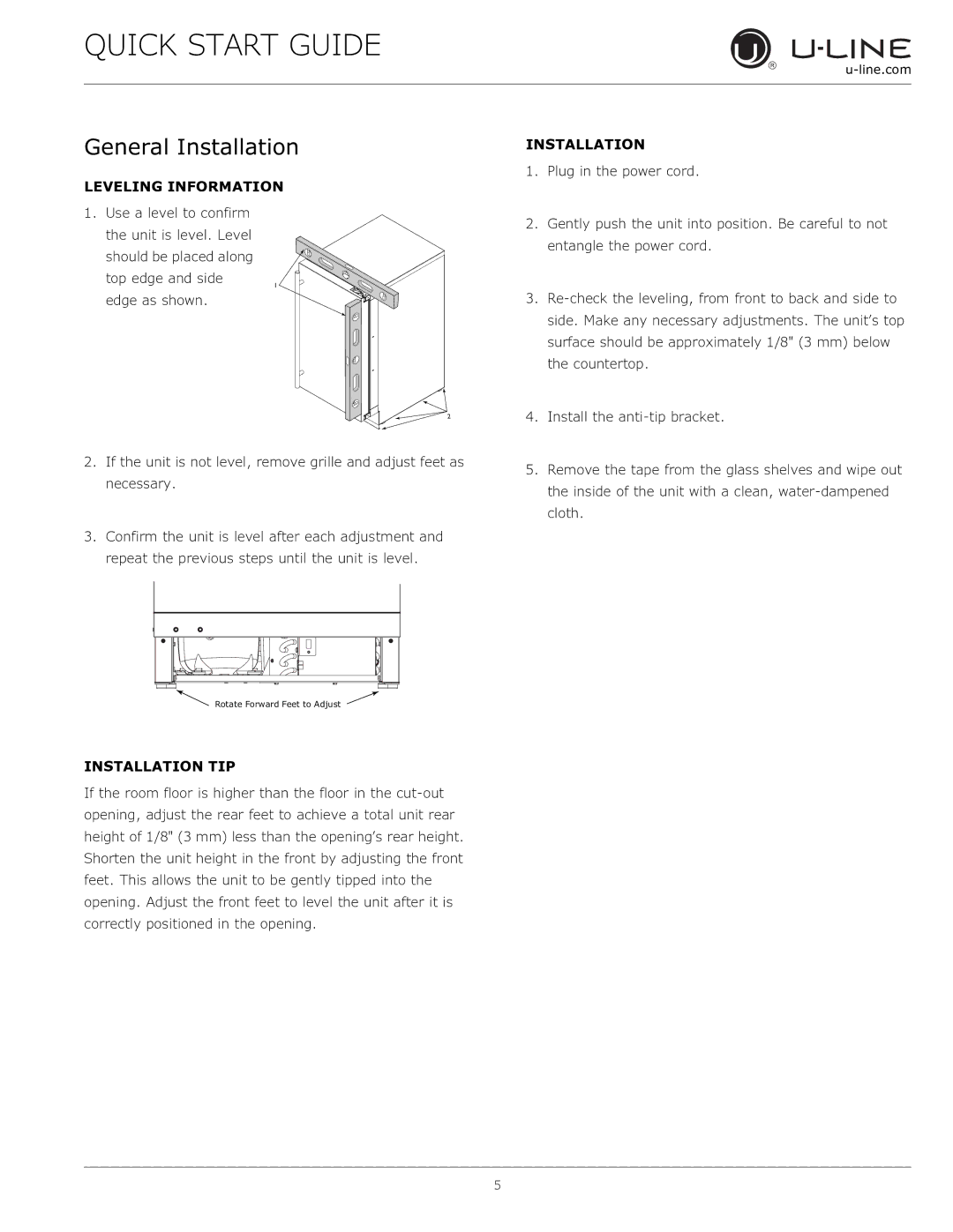 U-Line U-2224ZWCS-15A, U-2224ZWCINT-60A, U-2218WCS-00A Leveling Information, Plug in the power cord, Installation TIP 