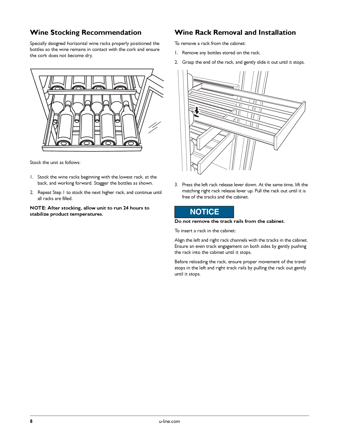 U-Line U-2275ZWCS-00, U-2275ZWCOL-60, U-2275ZWCS-01 manual Wine Stocking Recommendation, Wine Rack Removal and Installation 