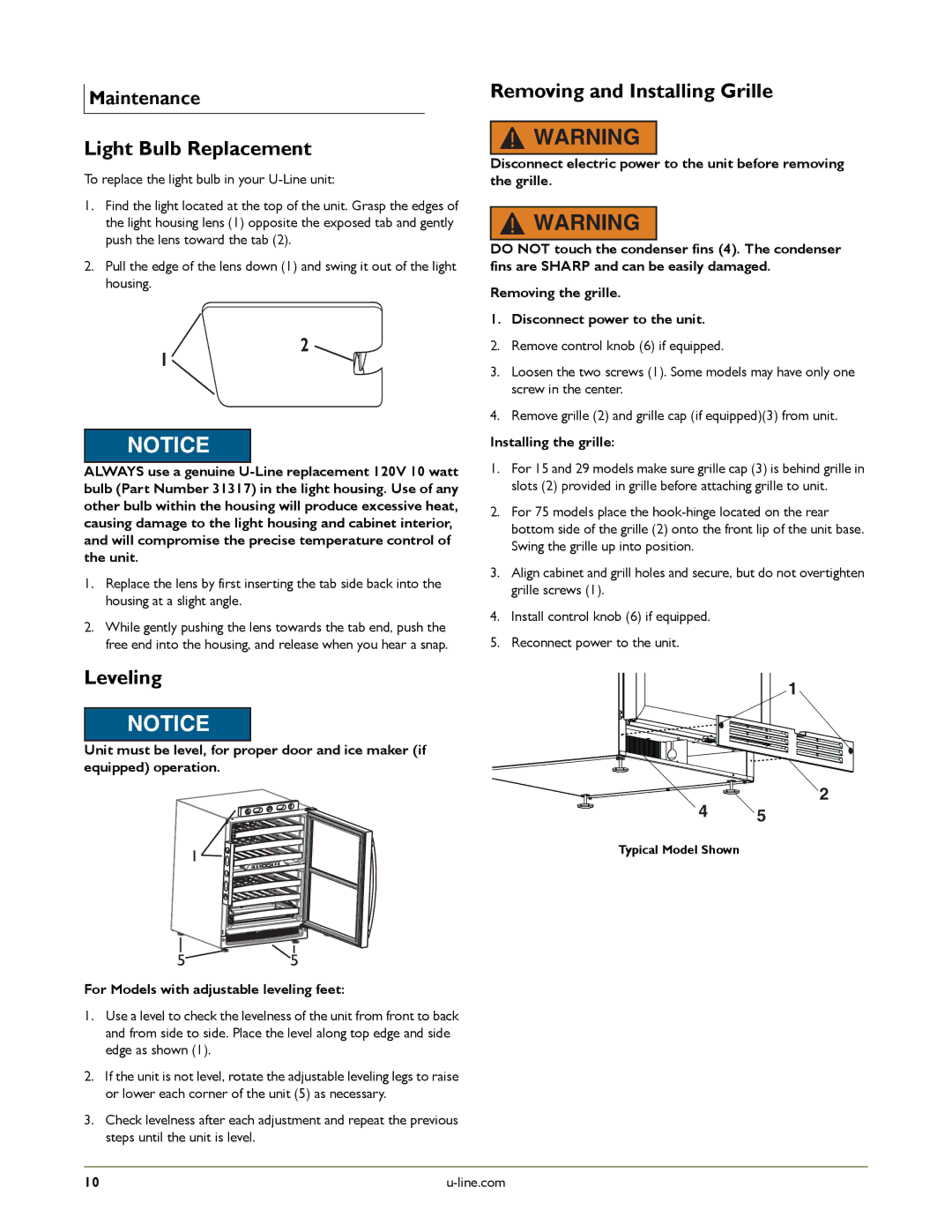 U-Line U-2275ZWCS-01 Light Bulb Replacement, Leveling, Removing and Installing Grille, Maintenance, Installing the grille 