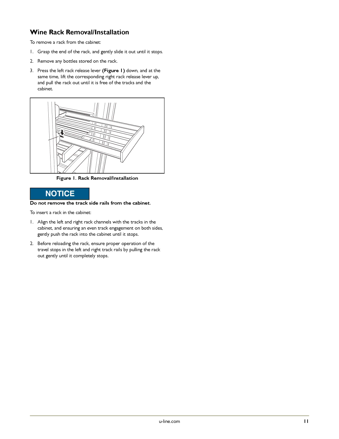 U-Line U-2275ZWCOL-00, U-2275ZWCOL-60, U-2275ZWCS-01, U-2275ZWCS-00 manual Wine Rack Removal/Installation 