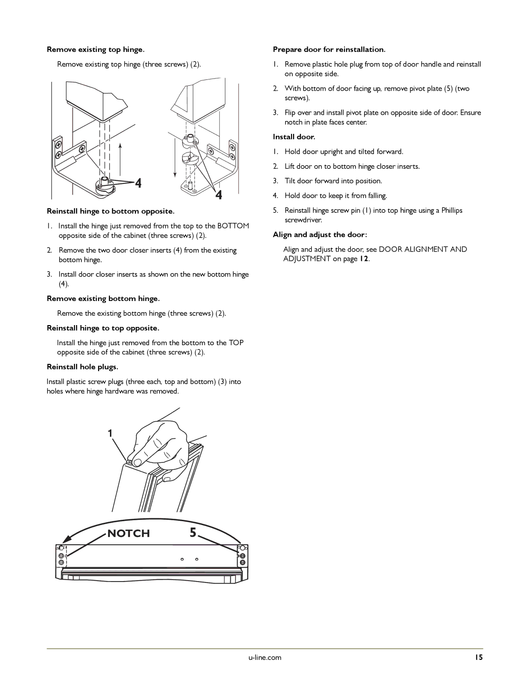 U-Line U-2275ZWCOL-00 manual Remove existing top hinge, Reinstall hole plugs, Prepare door for reinstallation, Install door 