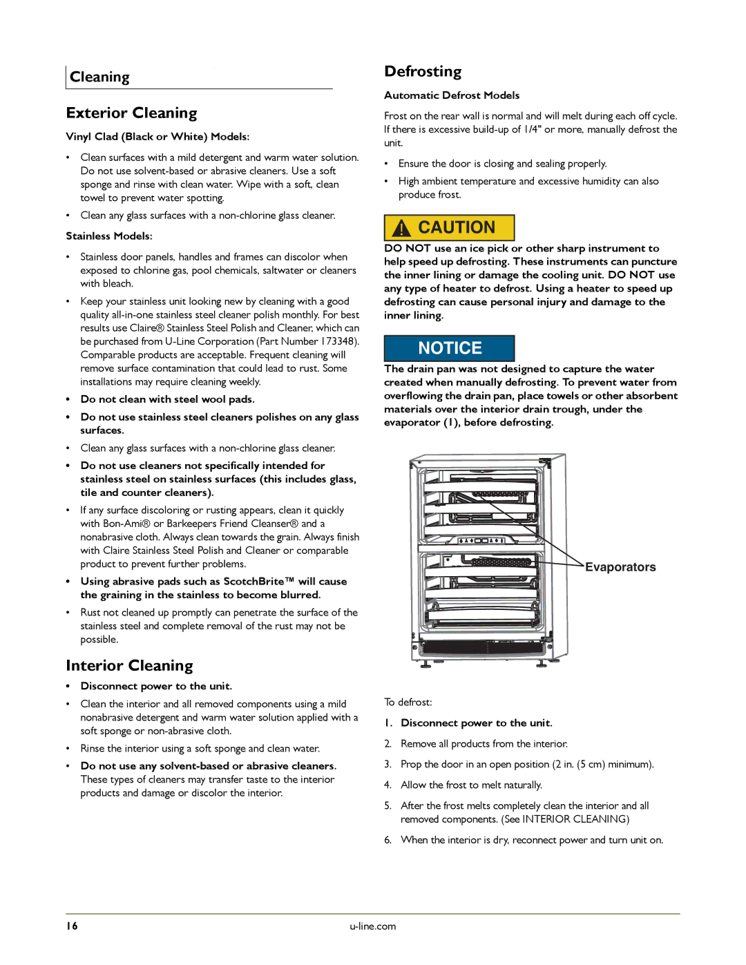 U-Line U-2275ZWCS-00, U-2275ZWCOL-60, U-2275ZWCS-01, U-2275ZWCOL-00 manual Defrosting, Exterior Cleaning, Interior Cleaning 