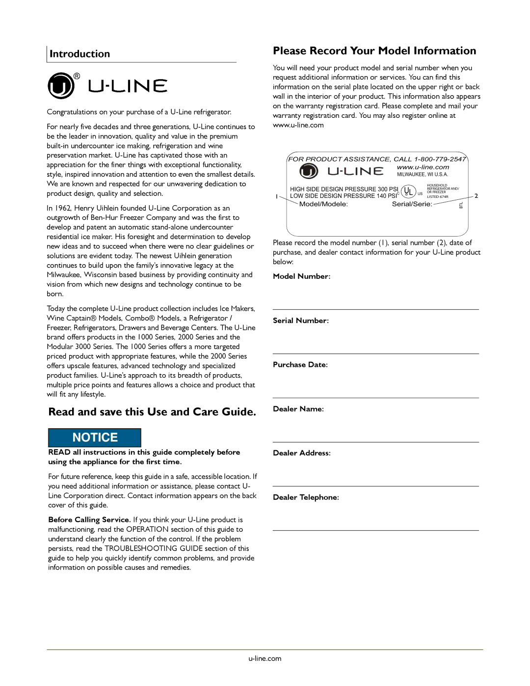 U-Line U-2275ZWCOL-00 manual Read and save this Use and Care Guide, Please Record Your Model Information, Introduction 